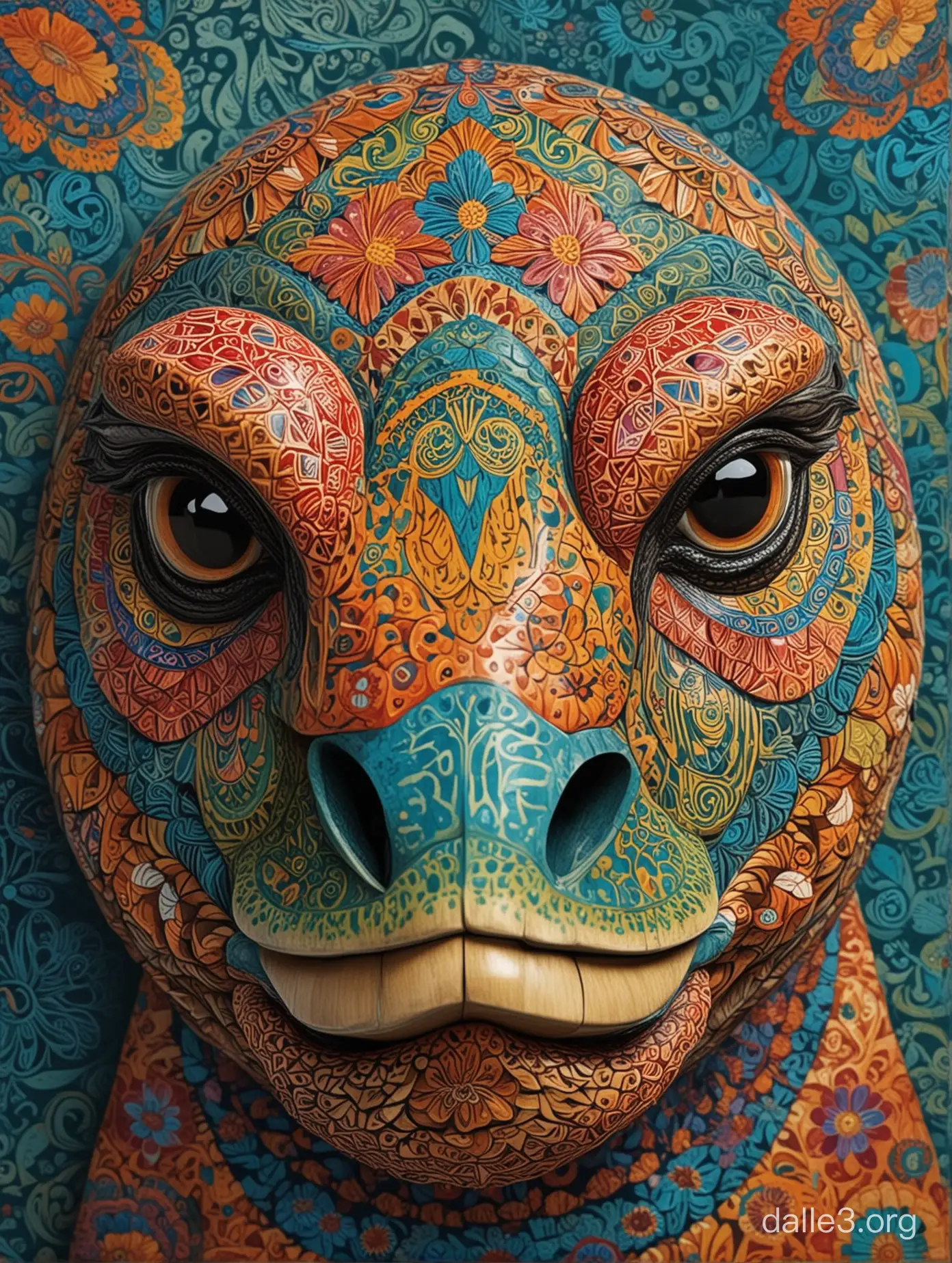 Graphic design poster, Sea turtle face in vivid Mexican alebrije folk art style - carved wood shapes, intricate patterns, fanciful and imaginative