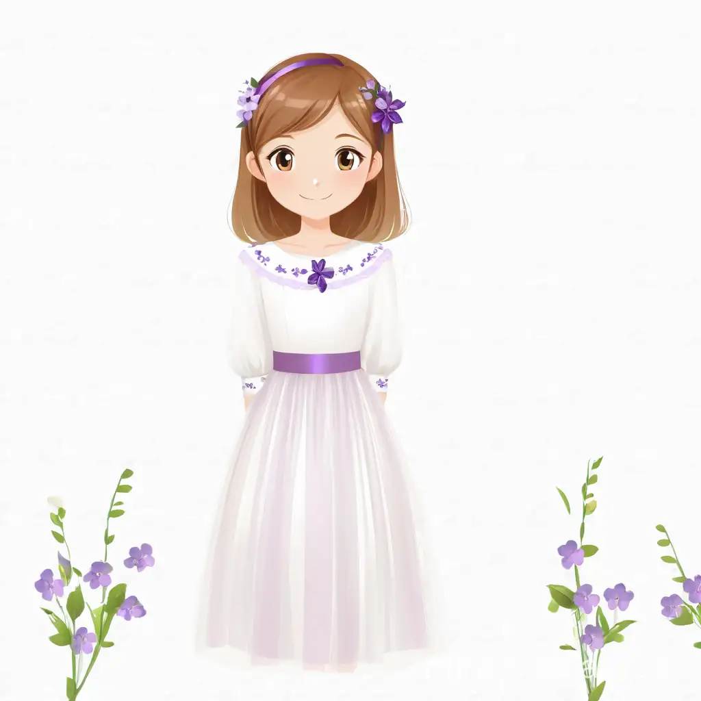 Niña con media melena castaño claro, 4 flores moradas en el pelo, vestido largo blanco de tul, con manga francesa y una cinta lila en la cintura, con una cruz en el cuello