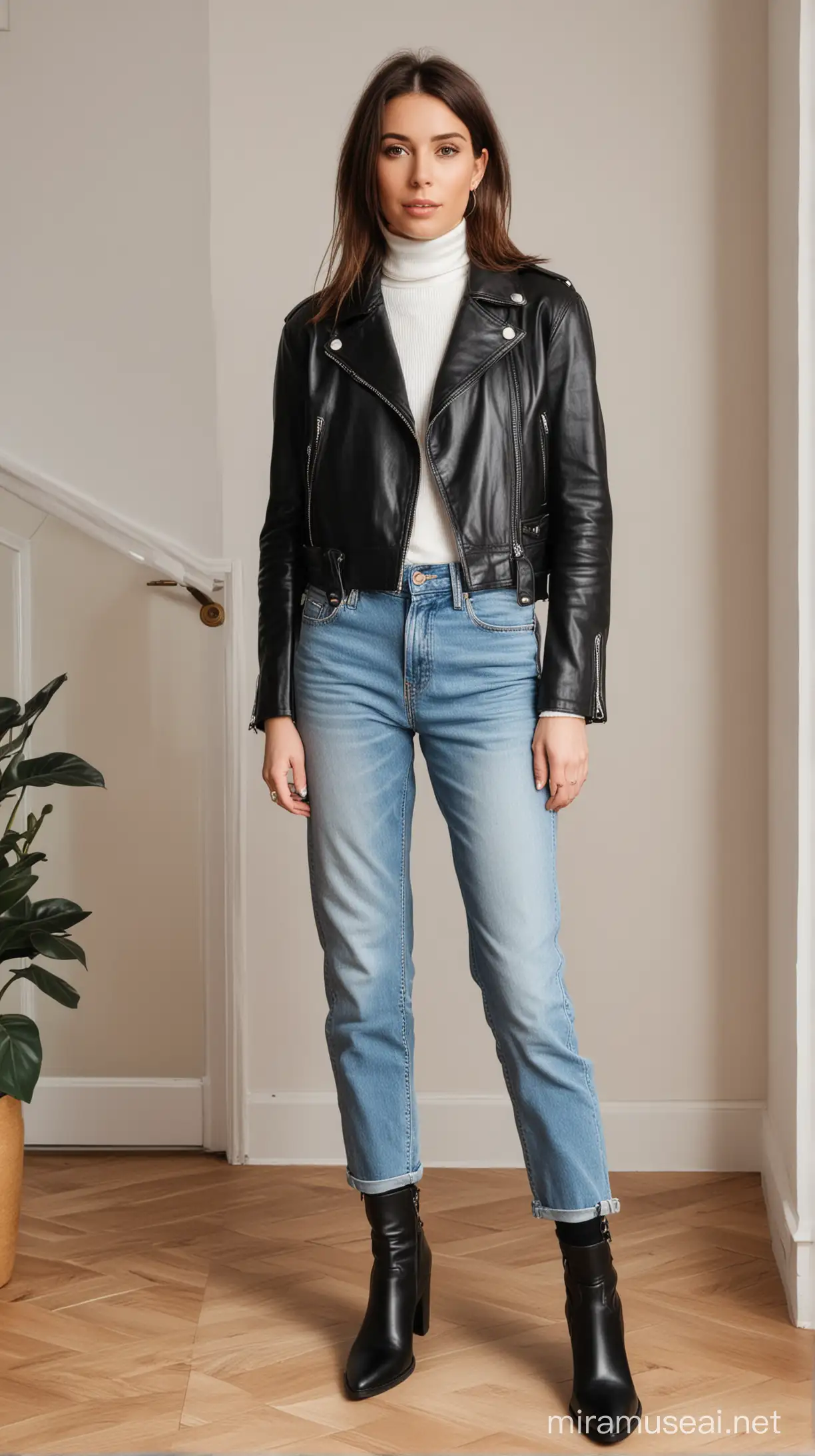Woman wearing cropped jeans, ankle boots, white turtleneck and a leather biker jacket in her house