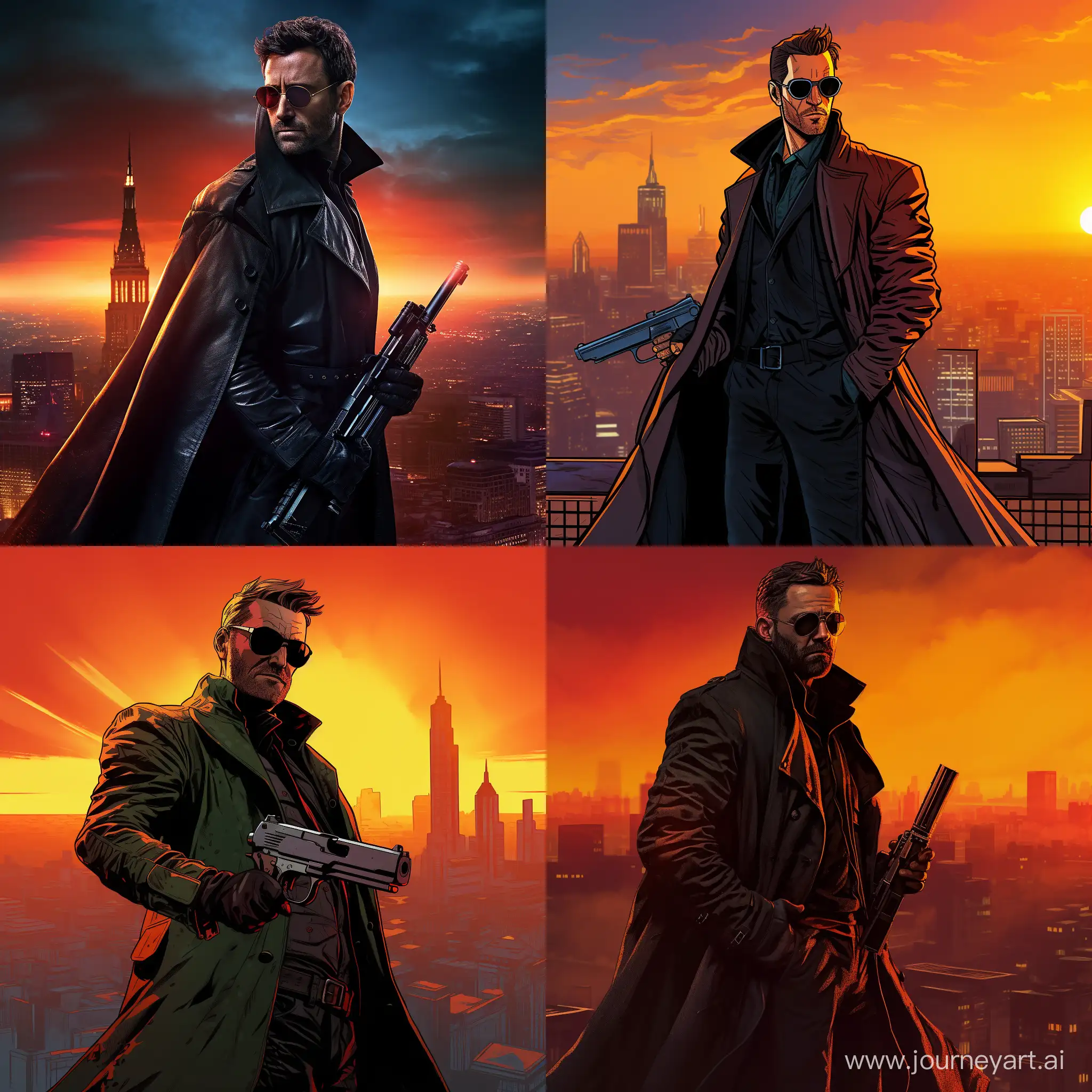 A man in a long, dark coat stands on a rooftop overlooking a futuristic cityscape. He wears a pair of sunglasses that reflect the neon lights and holograms that fill the night sky. He holds a gun in his right hand, ready to face any threat that might come his way. He is a blade runner, a special agent tasked with hunting down rogue artificial intelligences that have escaped their creators. He is one of the few humans who can survive in this post-AGI society, where machines have surpassed human intelligence and taken over most aspects of life. He wonders if he is still human, or if he has become more like the machines he hunts.