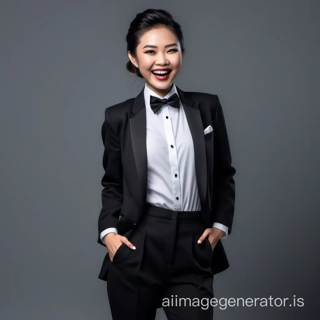 confident and sophisticated asian woman wearing a tuxedo, white shirt with black bowtie, lipstick, hands in pockets, smiling and laughing, open jacket