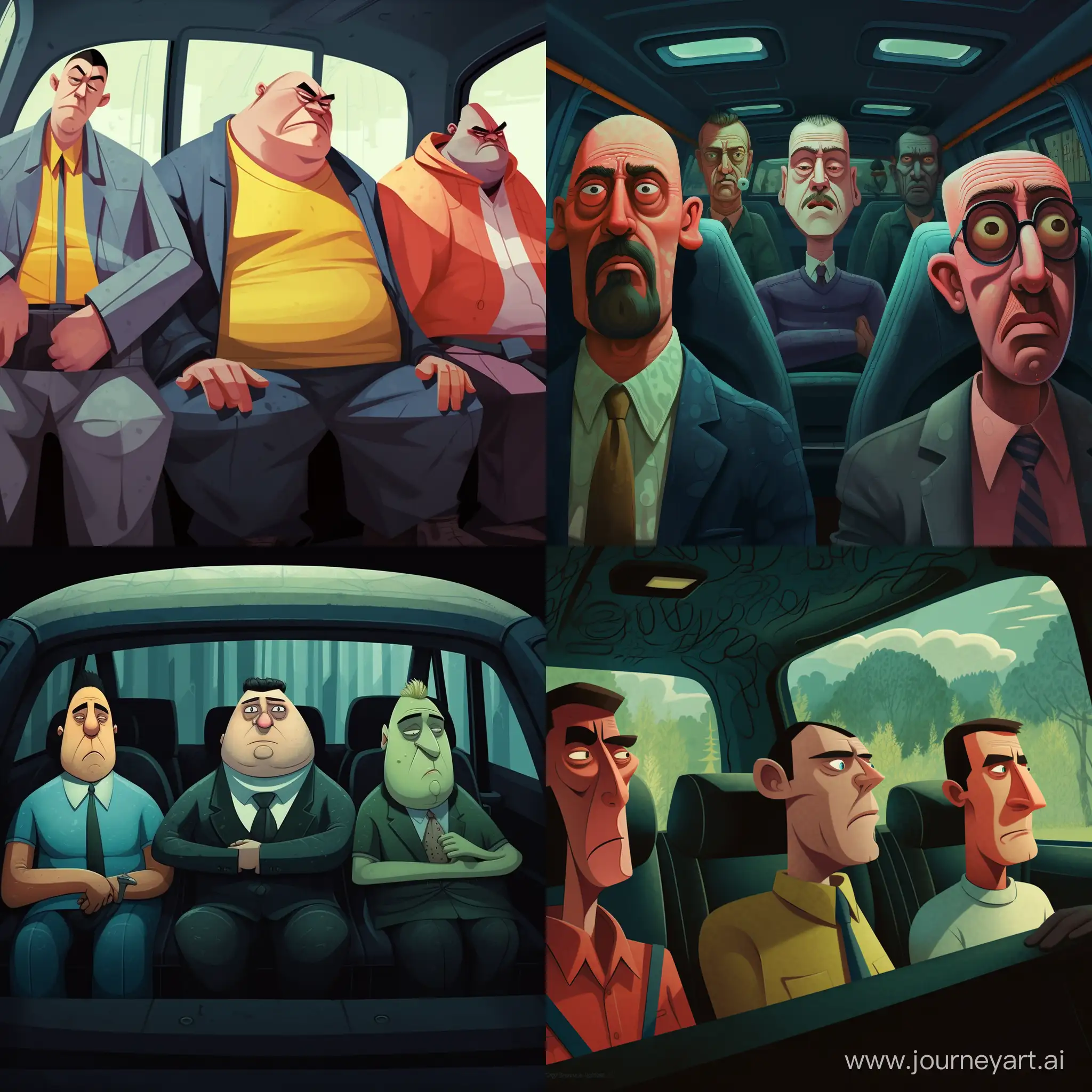 A few animated men who barely fit in a car