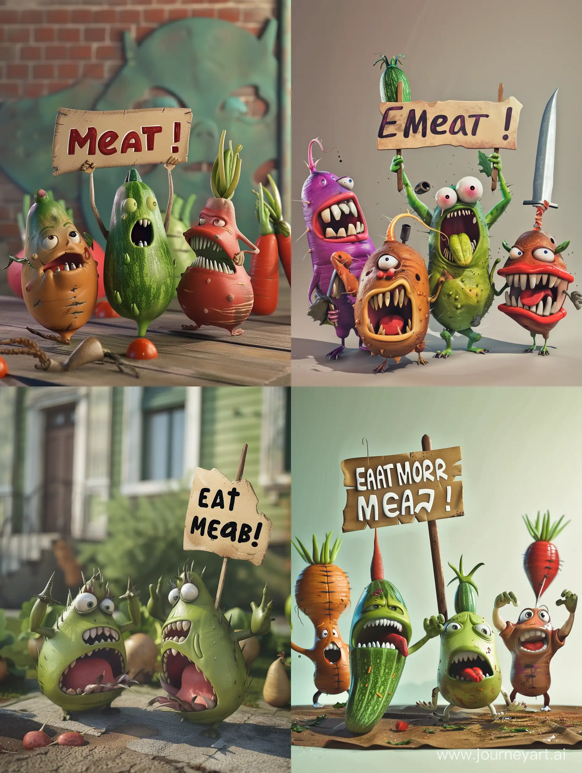 realistic angry vegetables holding a sign "Eat more Meat!", in the pixar style Meat!