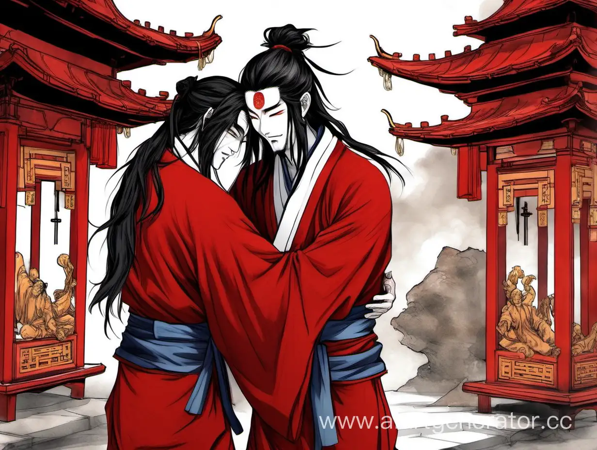  
#Taoist in white robes #with long brown hair #Taoist hugging a guy #guy in red clothes #long clothes #black long hair #eyepatch #both men #hugging and smiling near the shrine