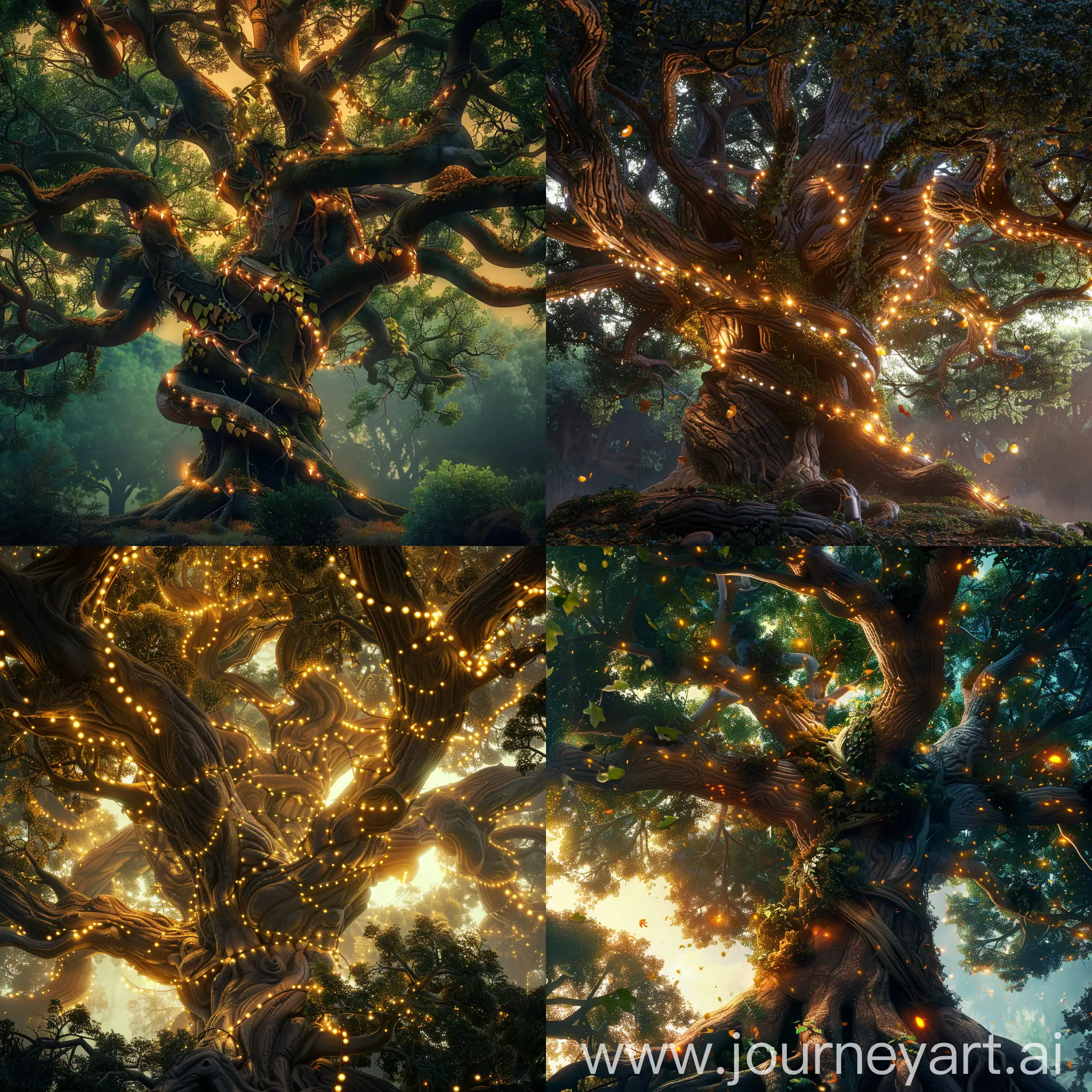 big tree, many tribes, intertwined tribes, few leaves, hyper realistic, nice lights