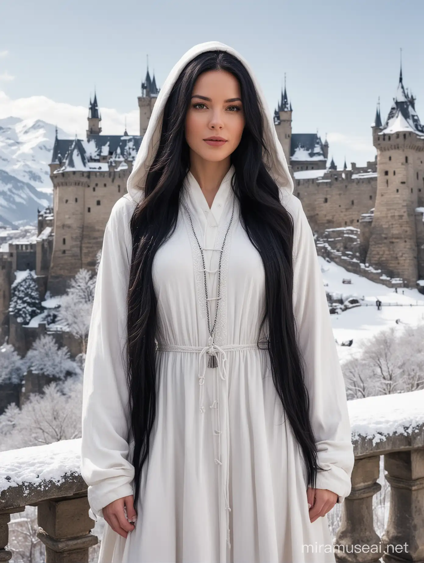 woman,long black hair,white hooded gown with details,in the background snowc-capped castle