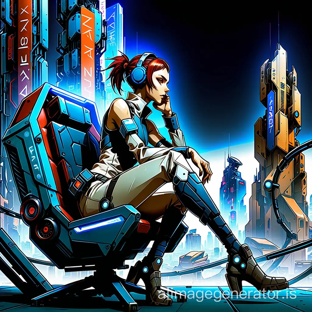Sasha Yakovleva aus dem Anime Cyberpunk Edgerunners, welcher im Jahre 2076 und in der Stadt Night City spielt; Sasha Yakovleva sitzt auf einem Netrunner Chair und hat ein Netrunner Headset auf