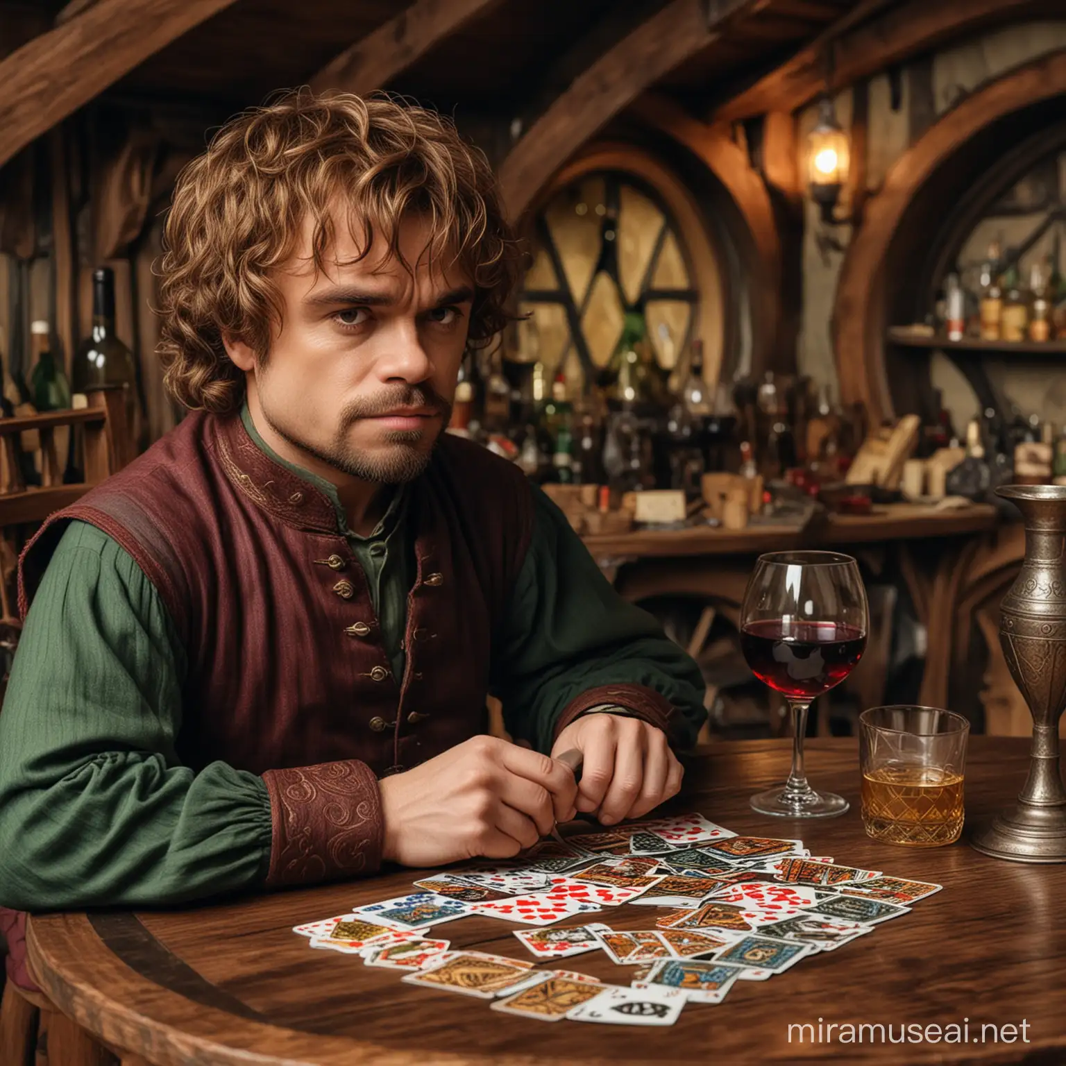Tyrion Lannister Drinking Wine and Playing Cards with Frodo Baggins in a Cozy Hobbit House