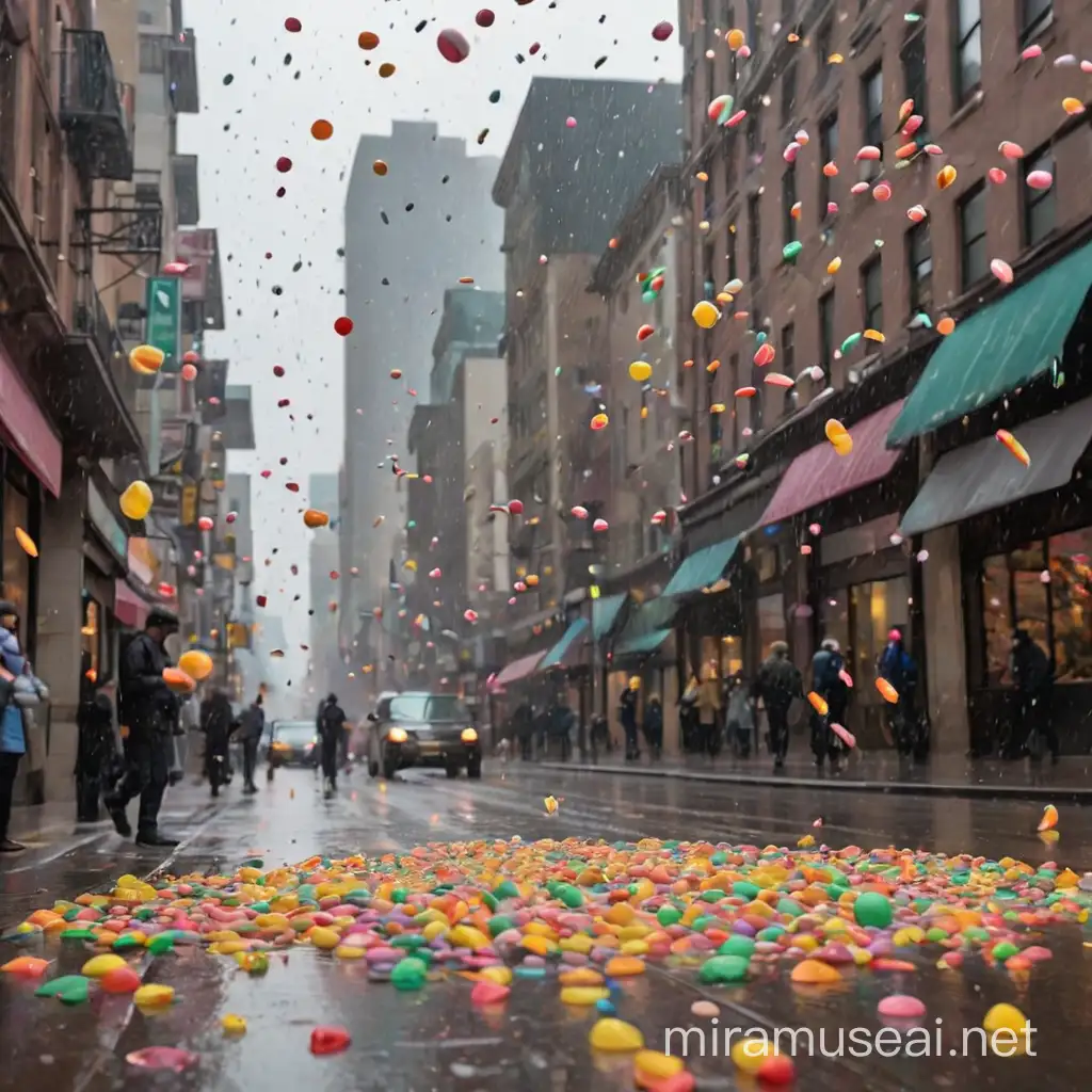 Colorful Candy Rain in Urban Setting