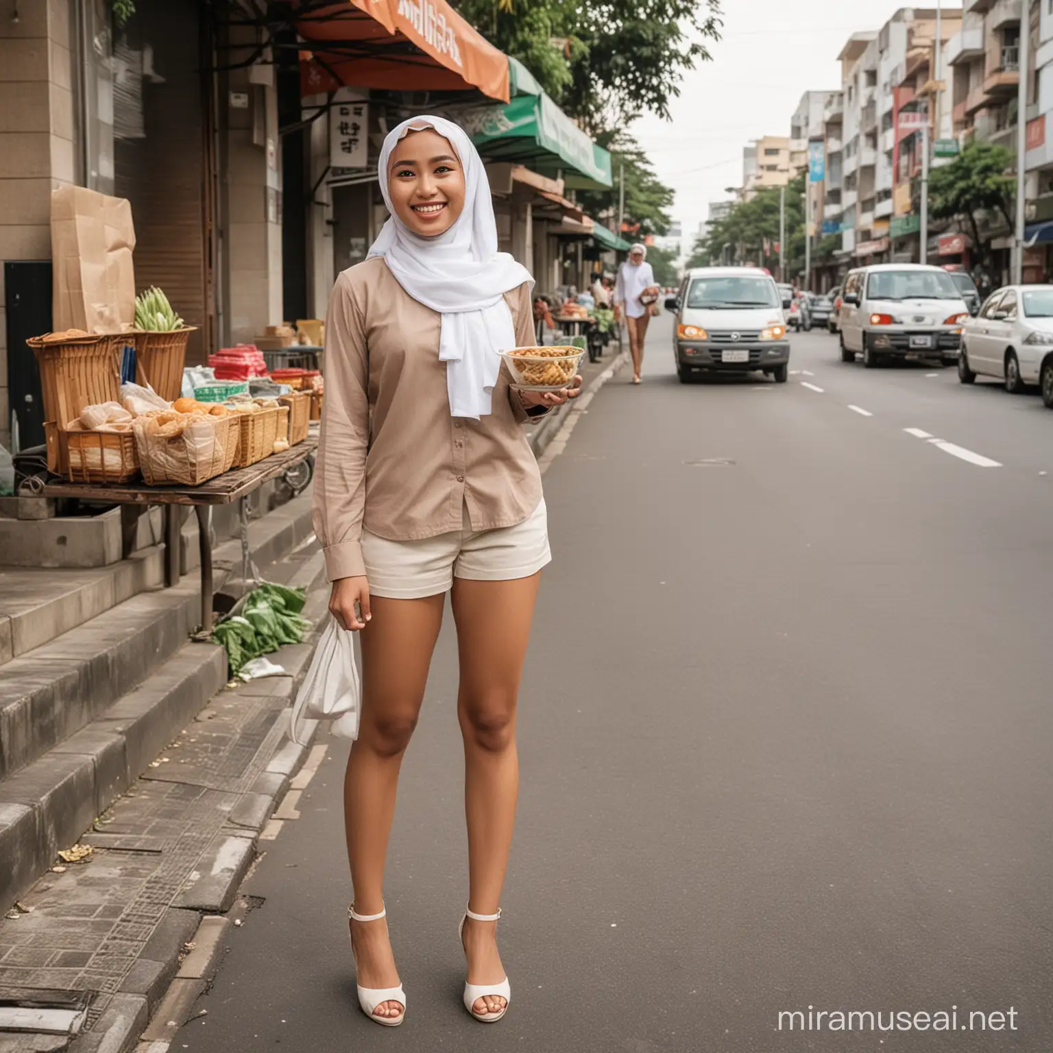 Gadis cantik indonesia memakaii kaos lengan panjang, memakai celana pendek warna coklat muda, berdiri di trotoar kota jakarta, memegang mangkok putih. Memakai jilbab syariah, memakai sepatu hak tinggi. Di samping gadis itu ada pedagang mie sedang tersenyum