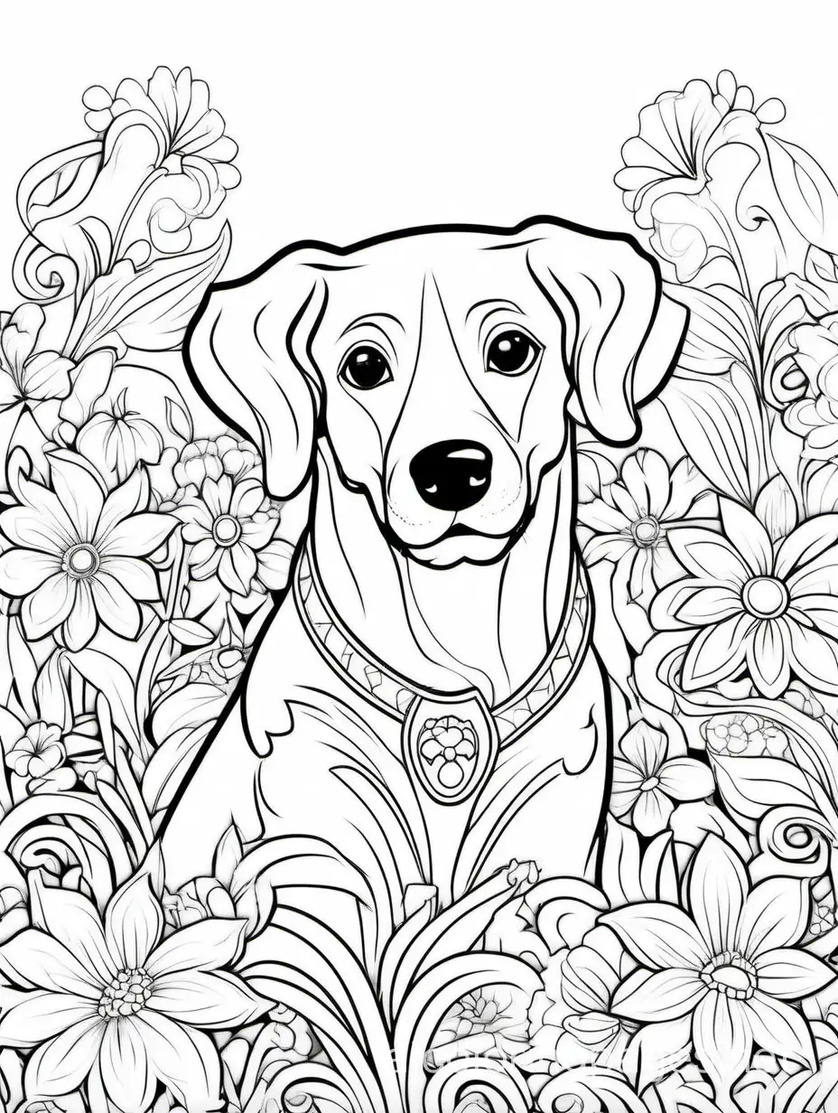 dog in flowers for adults for women, Coloring Page, black and white, line art, white background, Simplicity, Ample White Space. The background of the coloring page is plain white to make it easy for young children to color within the lines. The outlines of all the subjects are easy to distinguish, making it simple for kids to color without too much difficulty