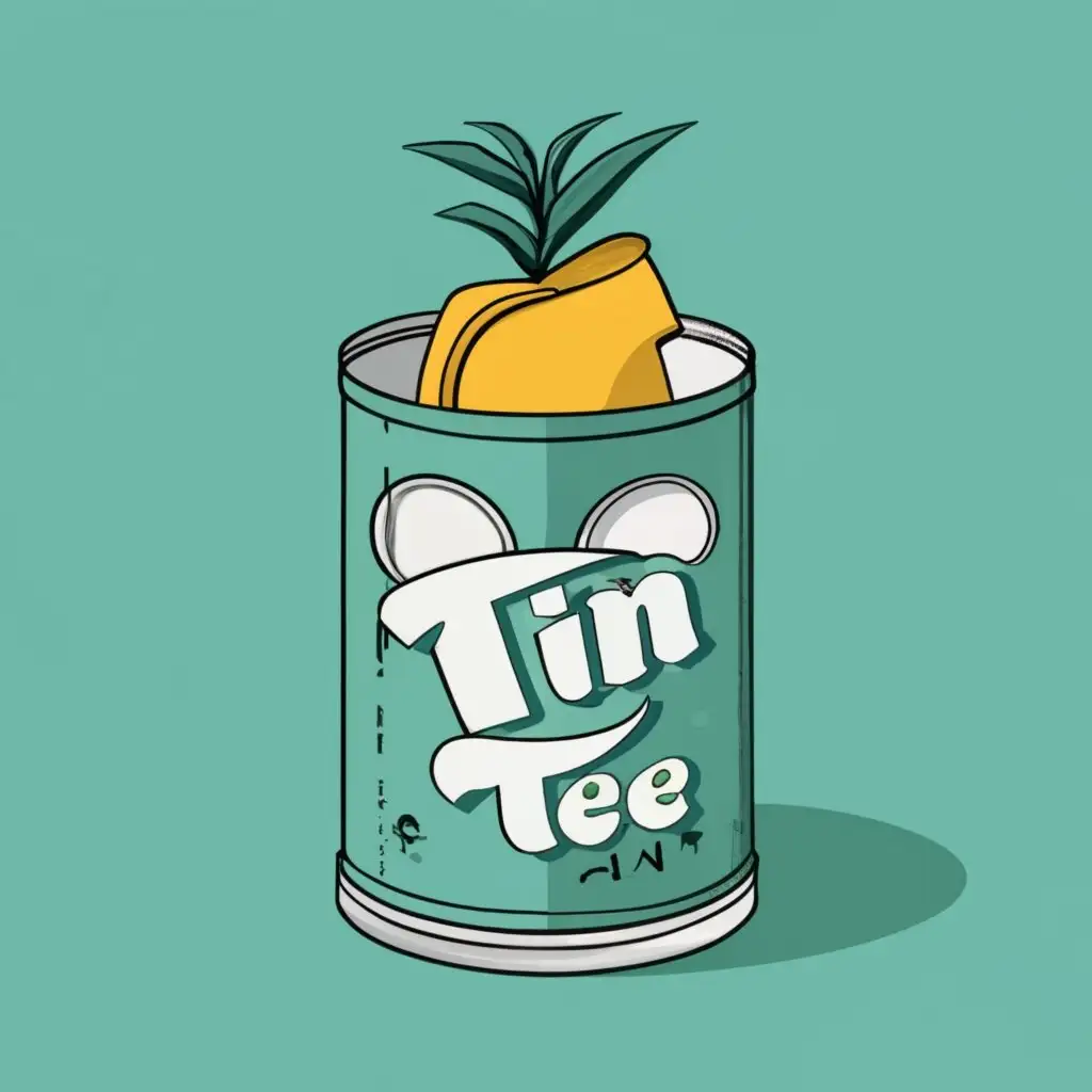 logo, A T-shirts come out from a Tin Can with and plant alongside, with the text "Tin Tee", typography