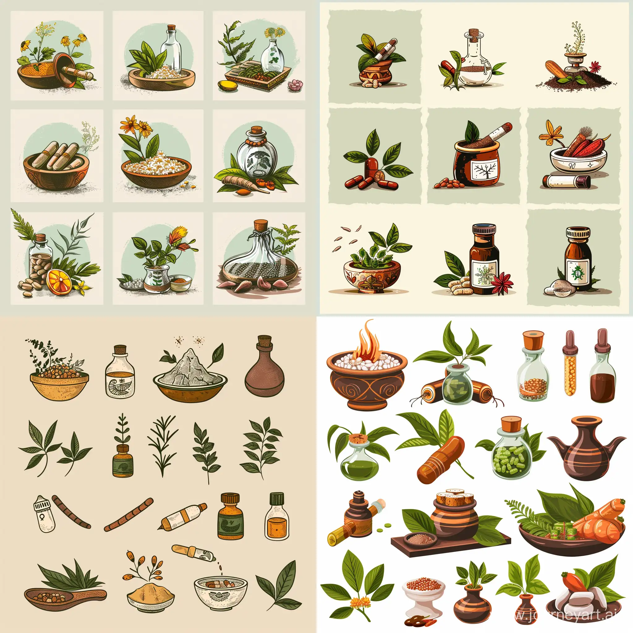 A collection of frames illustrating indigenous Ayurvedic medicine that can be used for a poster