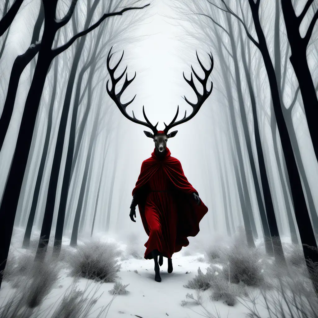 surrealism /  A red deer flies among the white trees , a black mantle fluttering on it in the forest, in the style of demonic photograph, post processing, silence, detailed costumes, monochromatic minimalist portraits, ghostly presence, traditional costumes, Magical, mystical award winning photograph, , digital 
 painting ::-0.3 Barbouillage, Shot on 17. 5mm, 85mm Lens, DSLR , F/ 22, ND - Filter, ultra quality, highly detailed,stile by Zdzisław Beksiński unreal engine, volumetric lighting, ominous, dramatic, horror background, octane render. ::1 , —ar 16:9