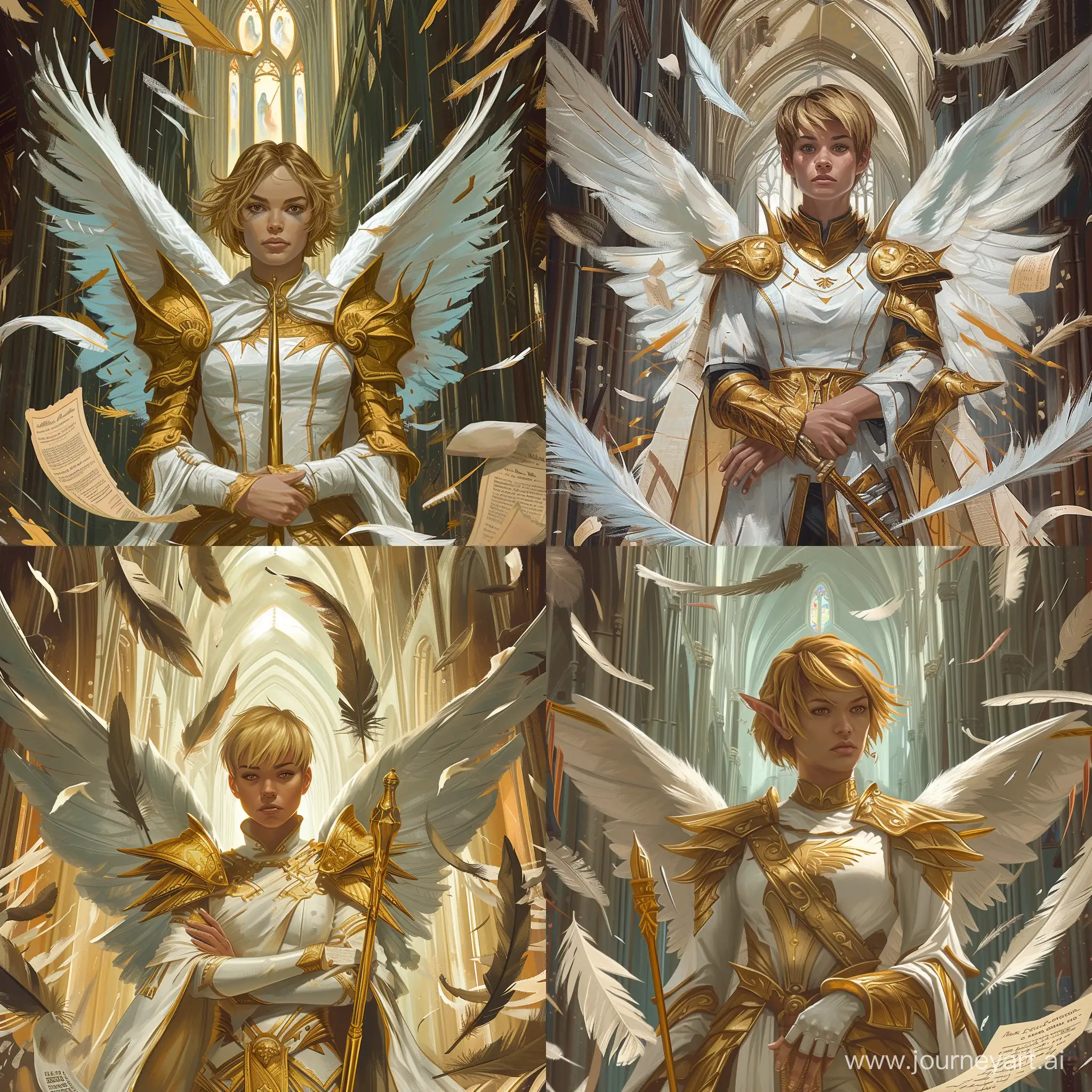 comic style illustration, painterly, heavy brush strokes, highly detailed, a female angel with wings folded by her side so they're visible at the bottom, wearing white and gold robes with gold armor, short blonde hair, eyes open, holding a golden staff weapon, inside a cathedral, feathers and parchment swirling around the area