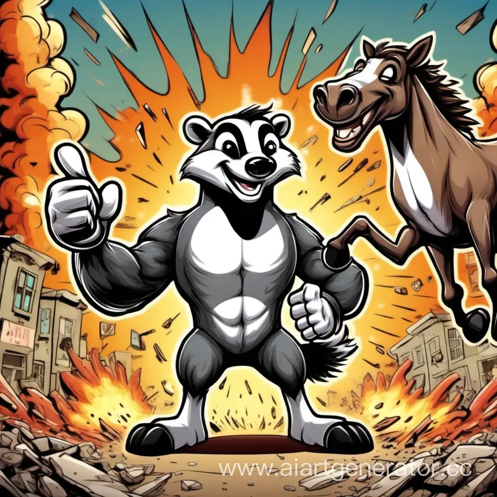 A badger and a cartoon-style horse stand against the background of an explosion, smile and look at the camera and give a thumbs up like best friends
