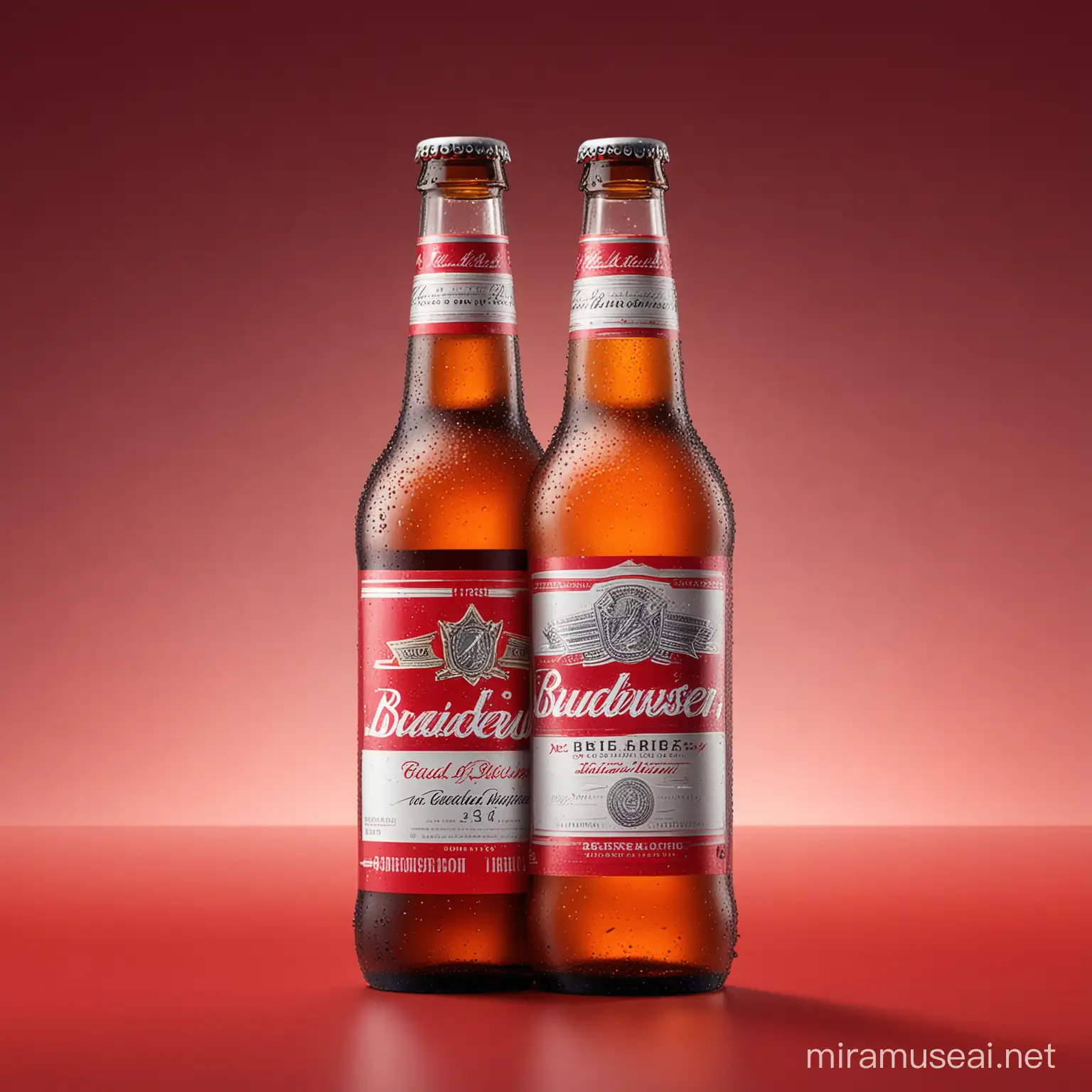 Create an image of one cold bottle of budweiser.
Background is a subtle and progressive red gradient.