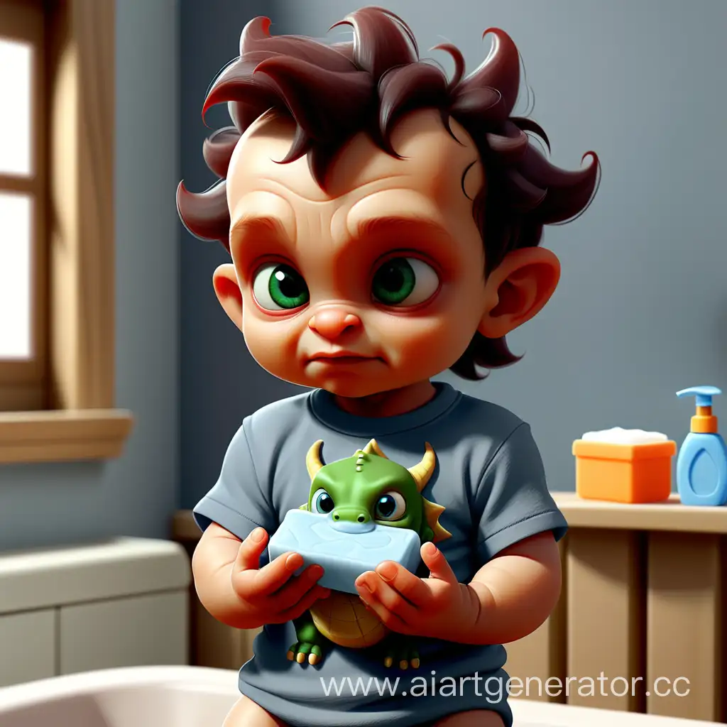Малыш Дракоша в детской футболке держит в руках мыло