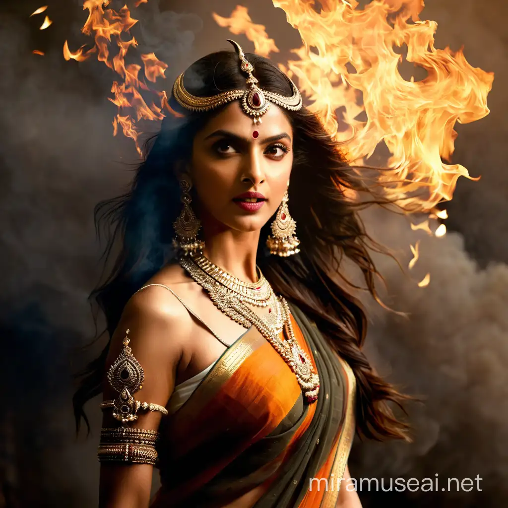 A work of art of Deepika Padukone as Parvati, the beautiful and glamorous Hindu goddess. She wears a white sari, and is enveloped in black smoke because she has just emerged from the flames into which she jumped.