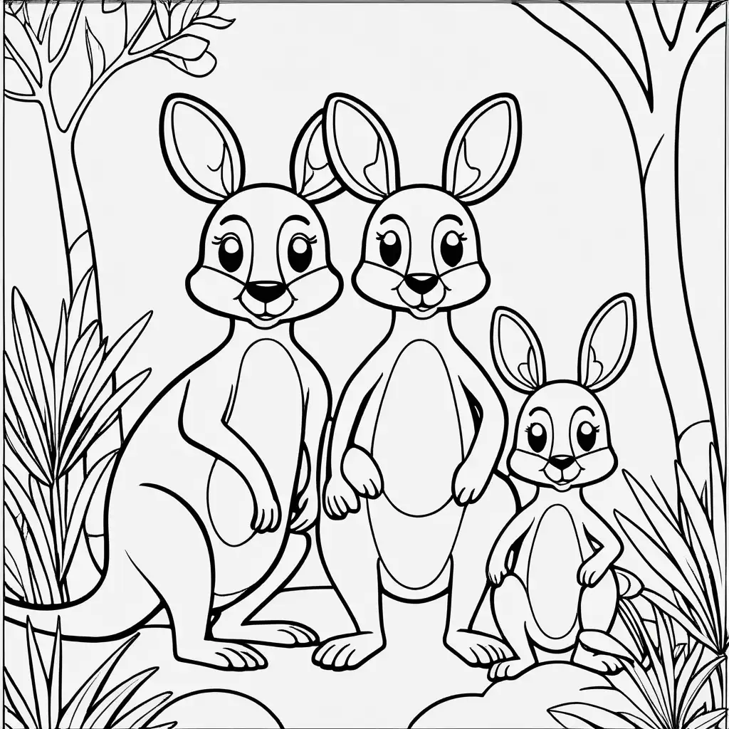 Adorable Kangaroo Family Coloring Page for Toddlers Cartoon Fun with Smiling Faces