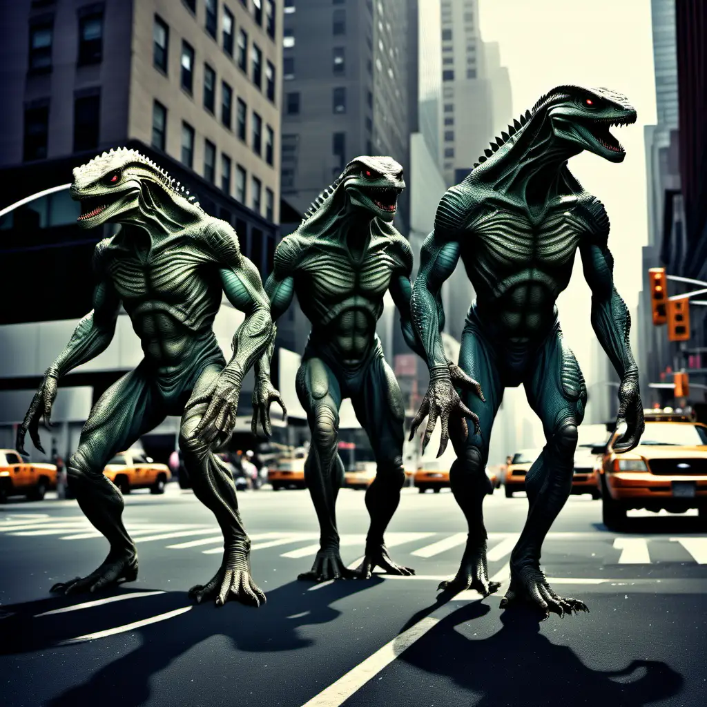 Three reptilian giant aliens hunting humans in the streets of New York City, dark colors