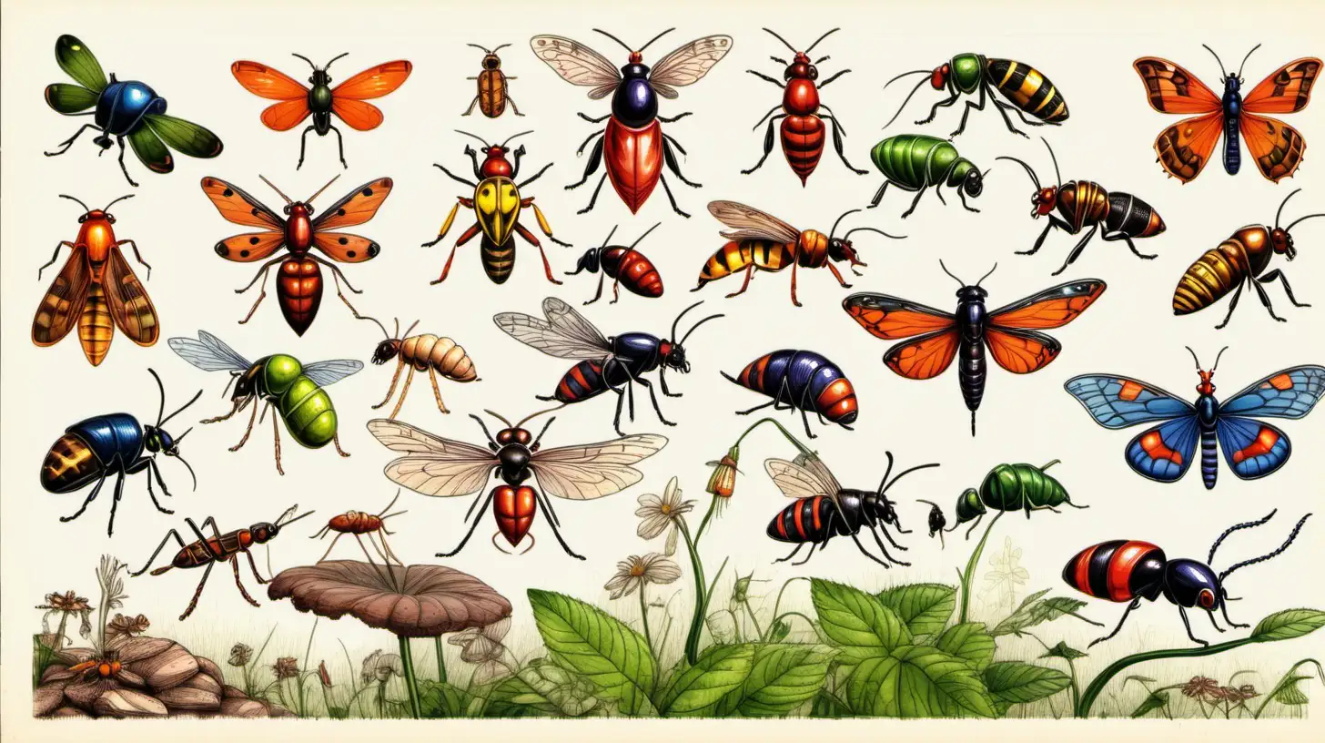 Vibrant Illustration of Diverse Insects in Natural Habitat