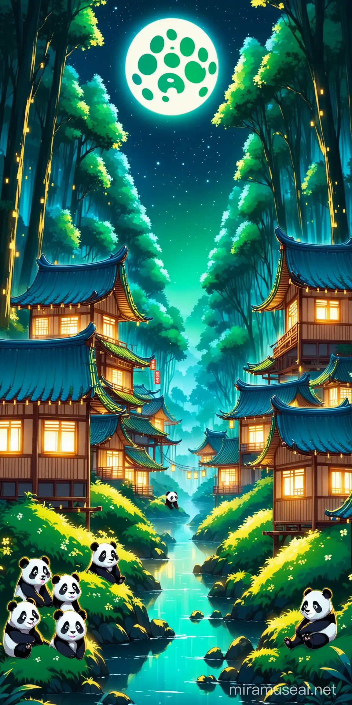 Enchanted Night Forest Pandas Amidst a Glowing Community of Houses