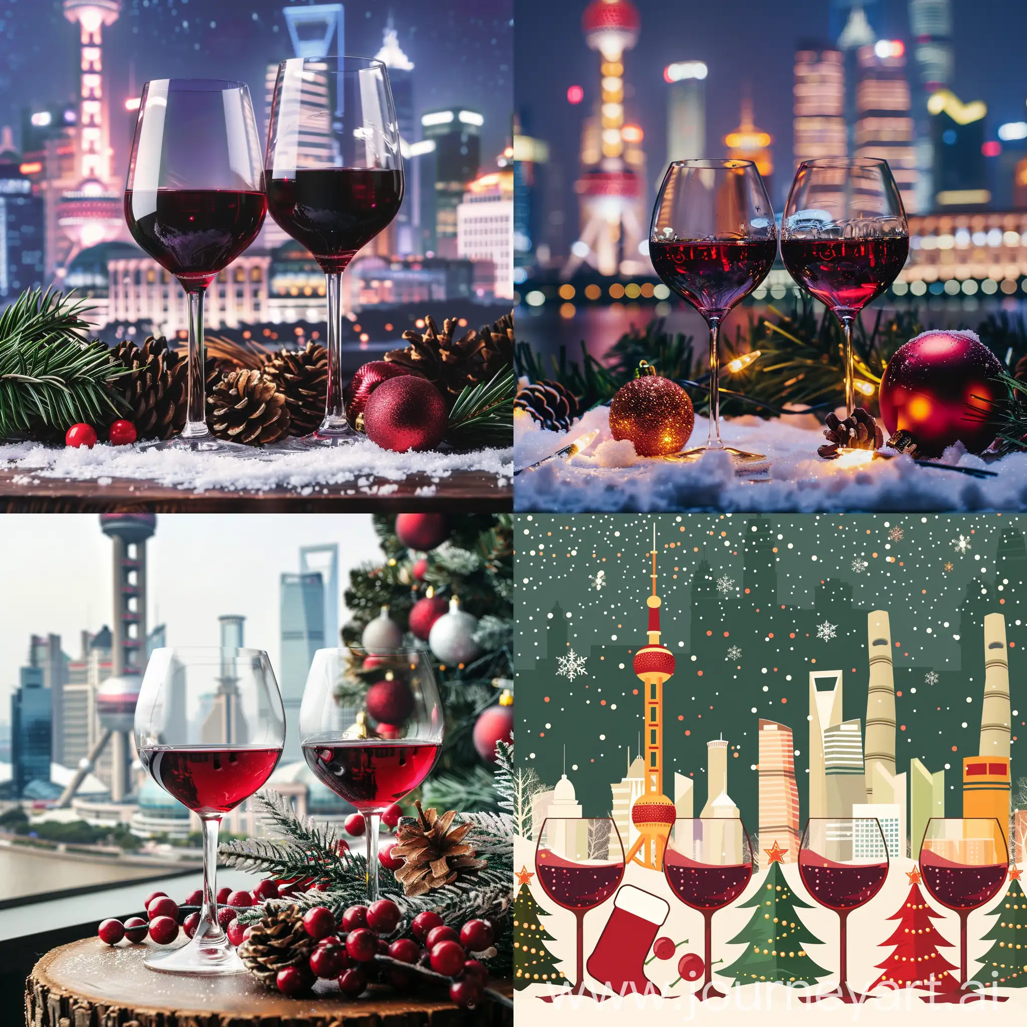 圣诞贺卡，上海陆家嘴背景，葡萄酒和葡萄酒杯的元素