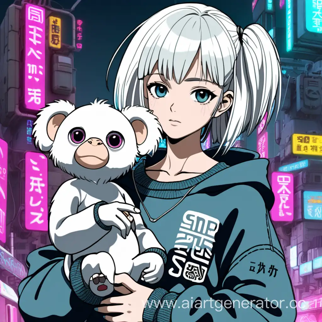 Аниме девочка в стиле киберпанк с белыми волосами каре, она в широкой кофте и на спине написано SMS, она на руках держит маленькую обезьянку