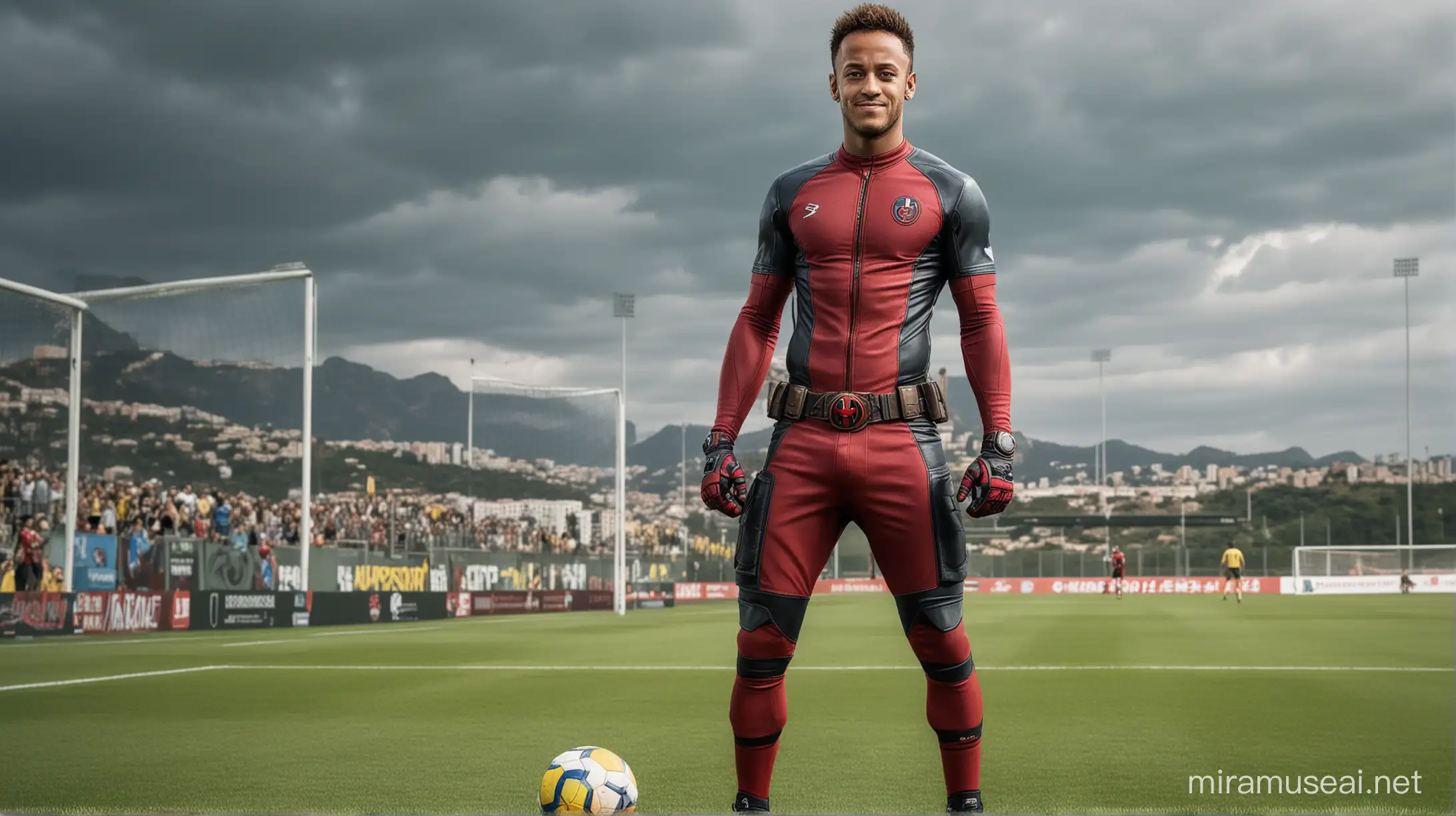 Neymar the Brazilian Soccer player transformes into the comic book superhero Deadpool, full body, looking directly at the camera, without head cover, so Smiley face, blue eyes, in the football field, he is standing with a ball next to him.