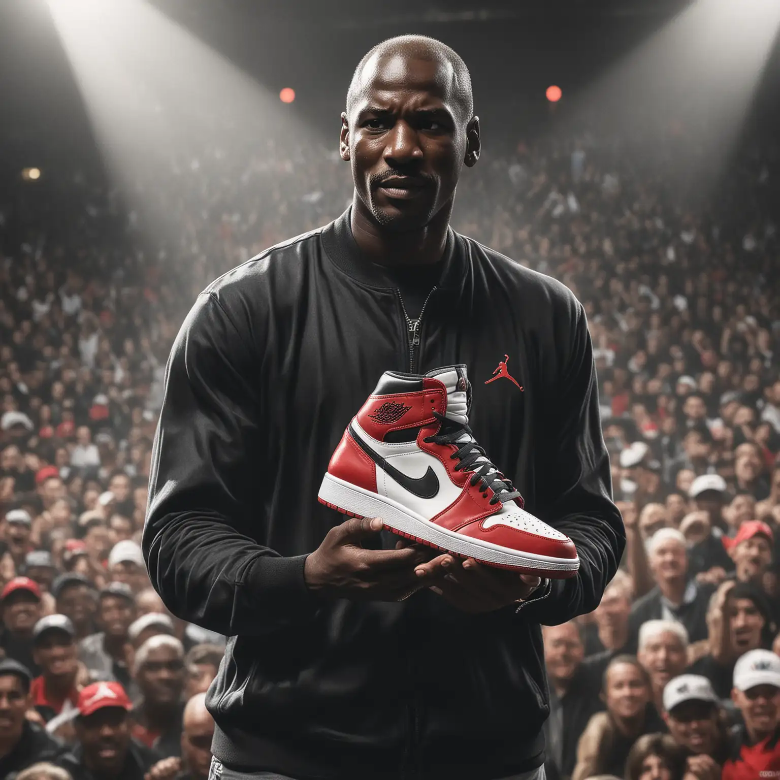 Micheal Jordan holding Jordan 1 sneakers shoes, cinematic lighting, angry expression, crowd audience background
