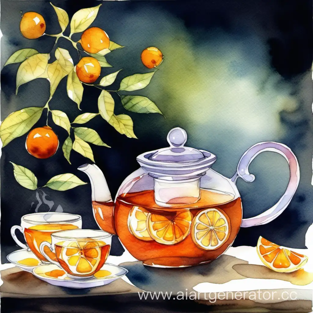 акварель, стеклянный чайник с апельсином и чаей, чашки с чаем