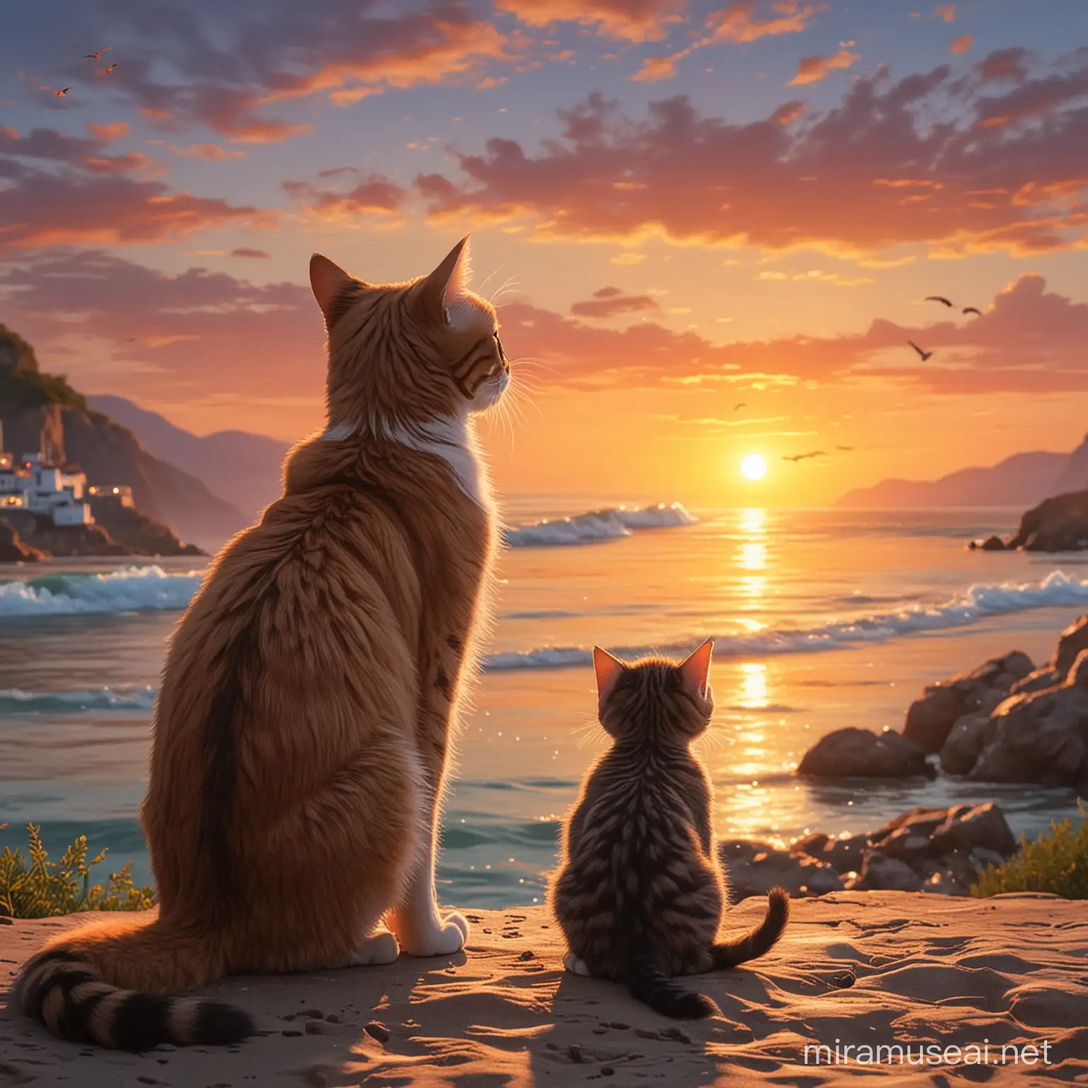 Кошка и котенок на берегу моря смотрят на закат солнца 