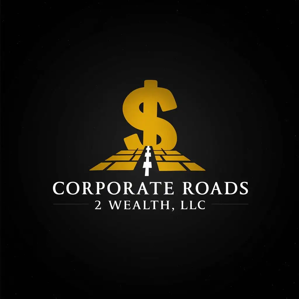 LOGO-Design-for-Corporate-Roads-2-Wealth-LLC-Dynamic-Money-Sign-and-Yellow-Brick-Road-Arrow