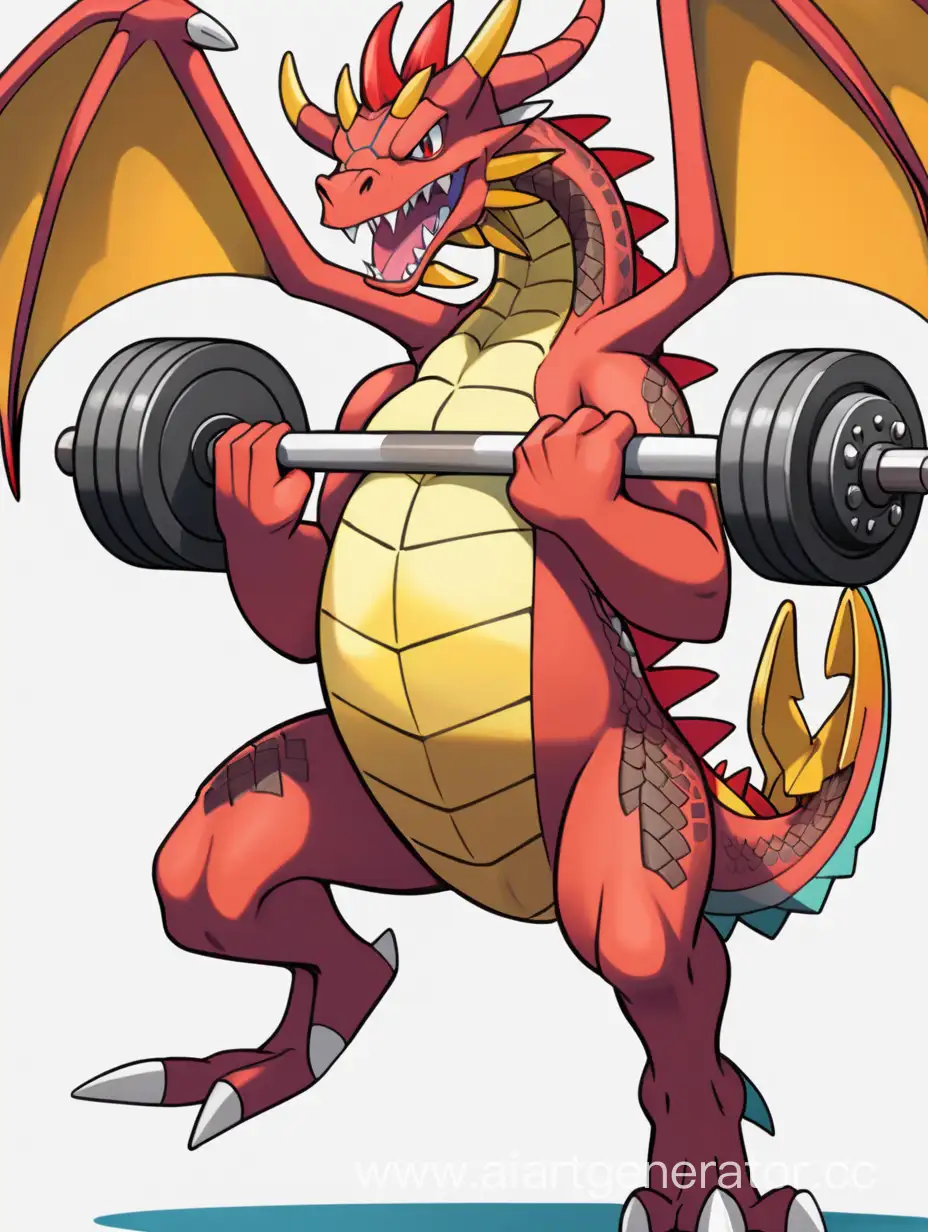 Dragon with wings from Pokémon for the third guy doing a weightlifting pose down on one knee, and holding a big barbell over his head roaring proudly.