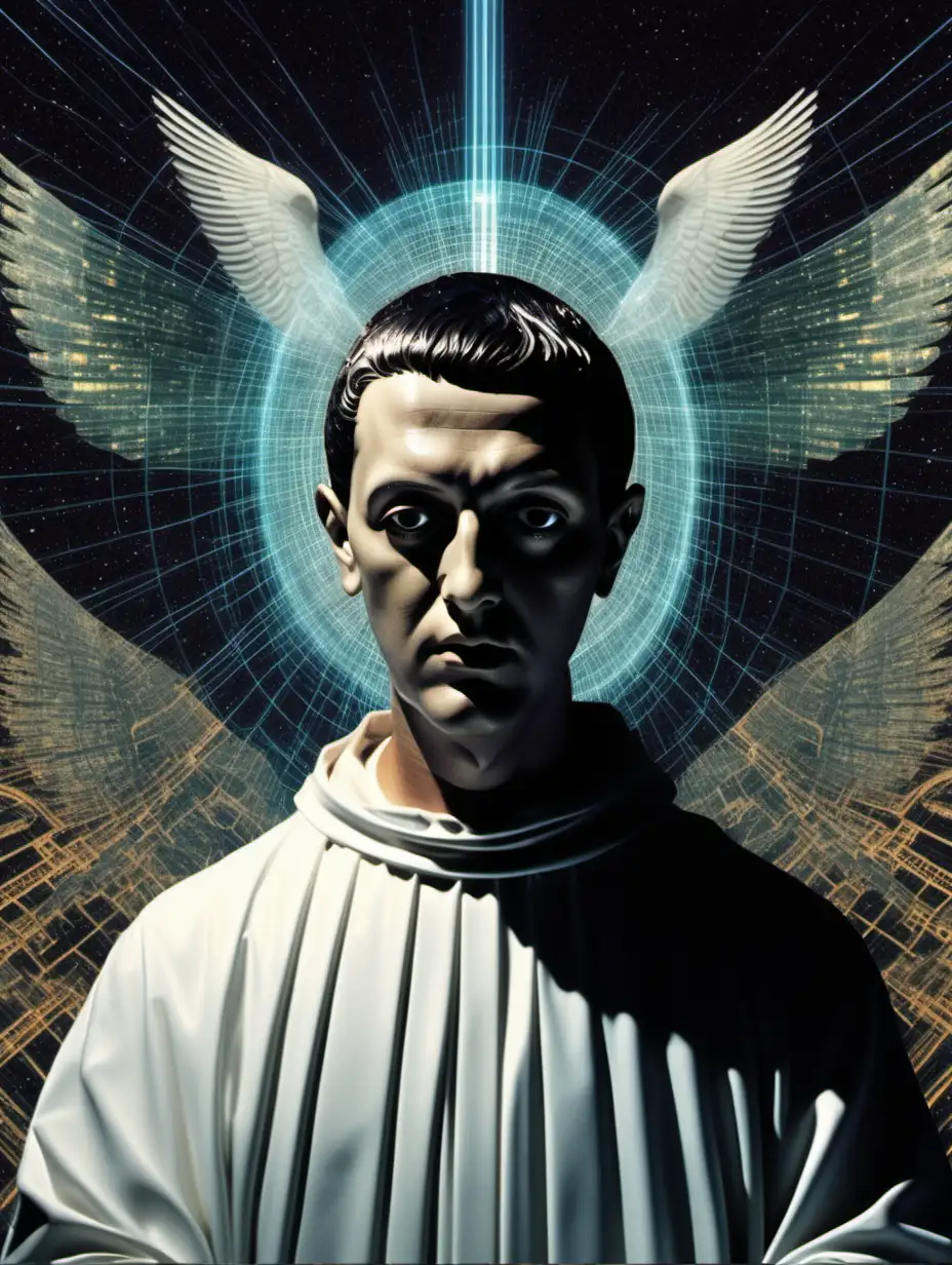 St. Gabriel, lost in the internet, his visage barely visible through digital noise, cyberspace collage