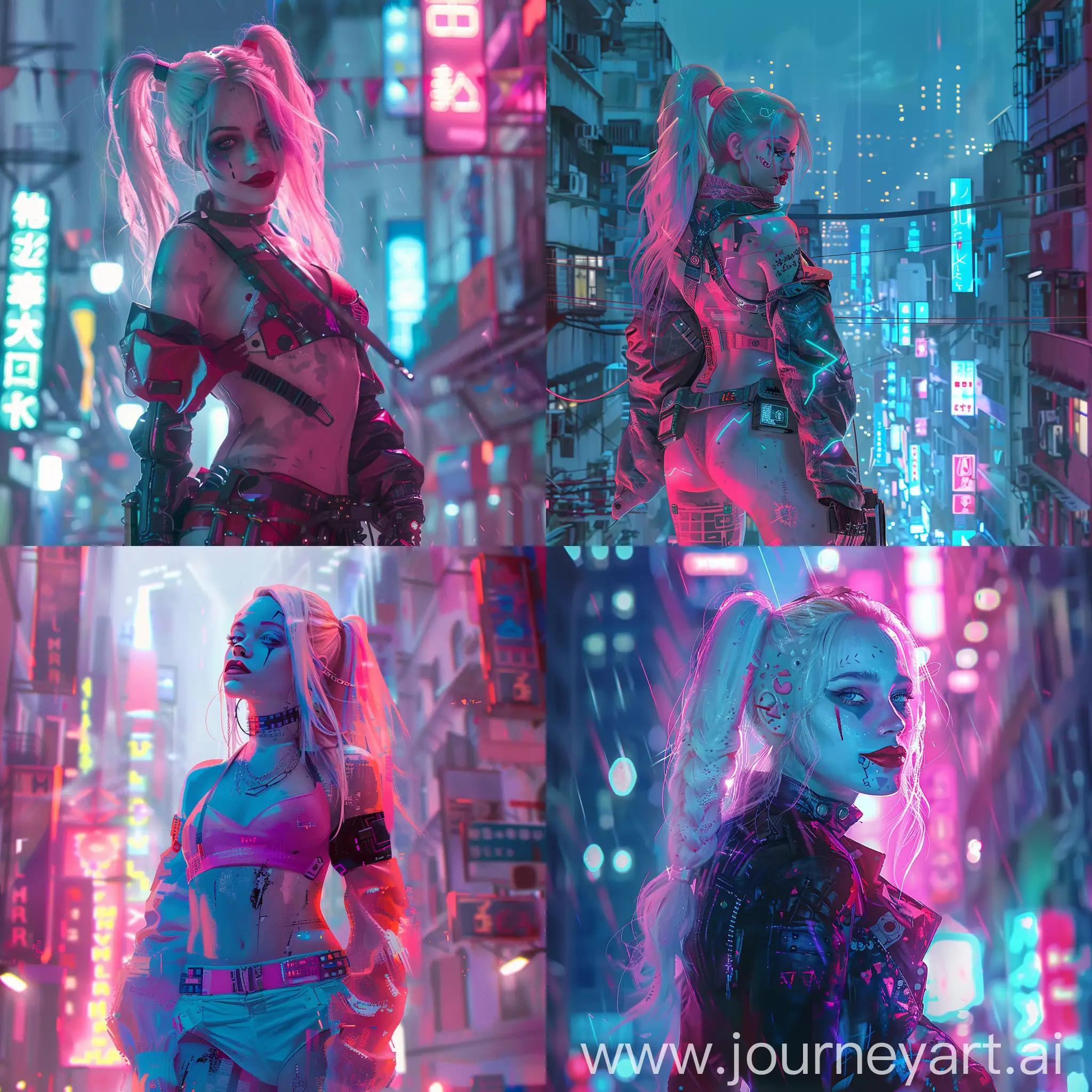 Harley Quinn character, cyberpunk city, with subtle pink and blue gradients, neon lights, backlight, pastel colours, sci-fi, techpunk, fantasy art