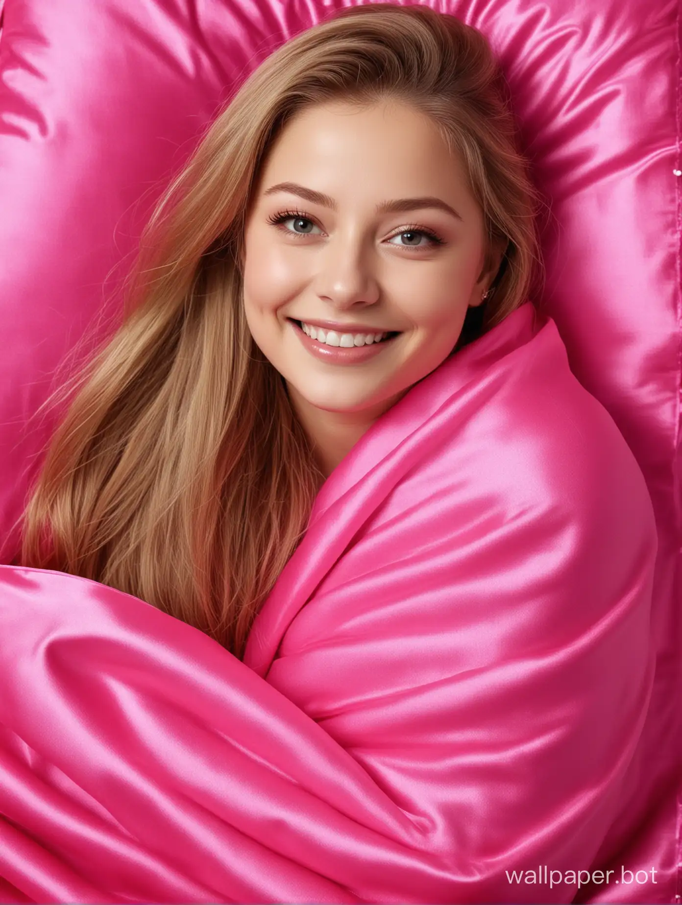 Yulia Lipnitskaya smiles with long silky hair under hot pink silk blanket and pillow