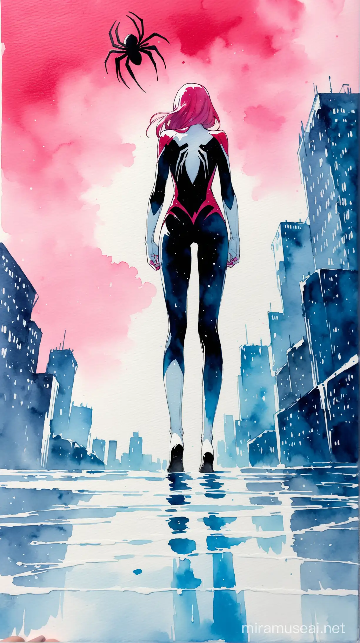 SpiderGwen Immersed in Action A Gouache and Watercolor Fusion