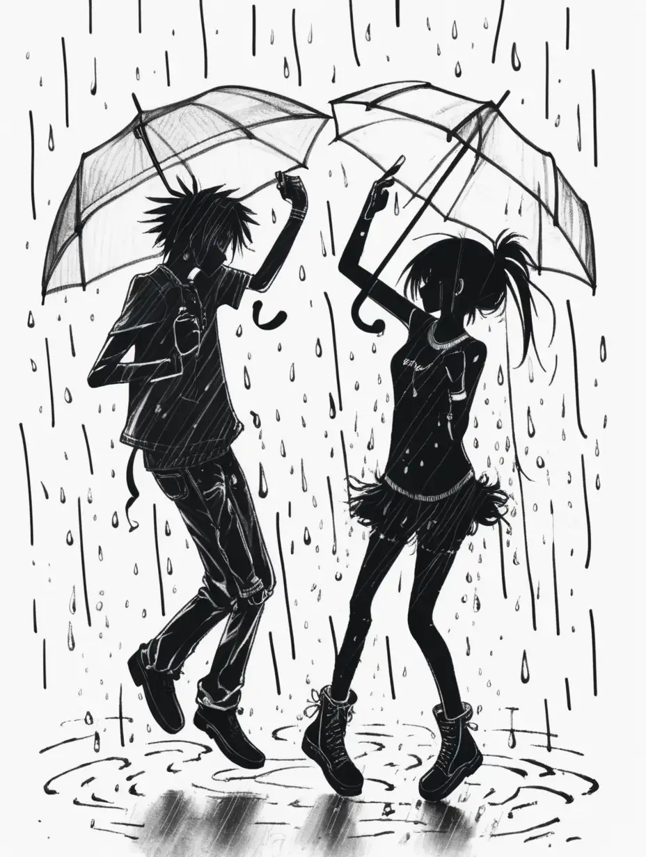 White background and sketches of a emo pair dancing through rain. 
