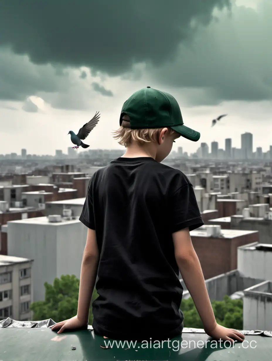 Пасмурное небо. На крыше многоэтажного дома стоит спиной мальчик со ветлыми волосами в чёрной майке и тёмно-зелёной кепке и смотрит вниз на город. Над его головой летит голубь 