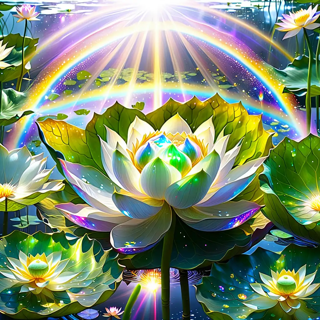 in a galactic ethereal setting create a iridescent rainbow and white lotus with a yellow center, encircled by its green large leaves and floating on galactic waters
