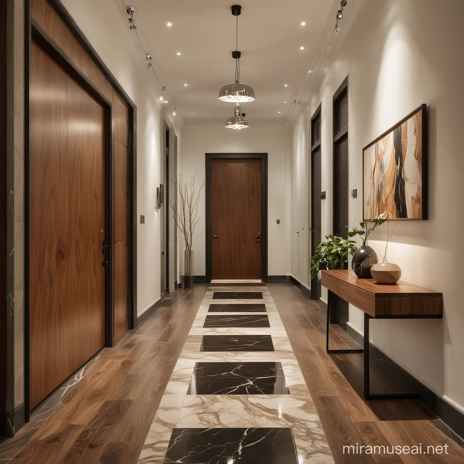 walnut, black, brown, marble, modern hallway, warm light 