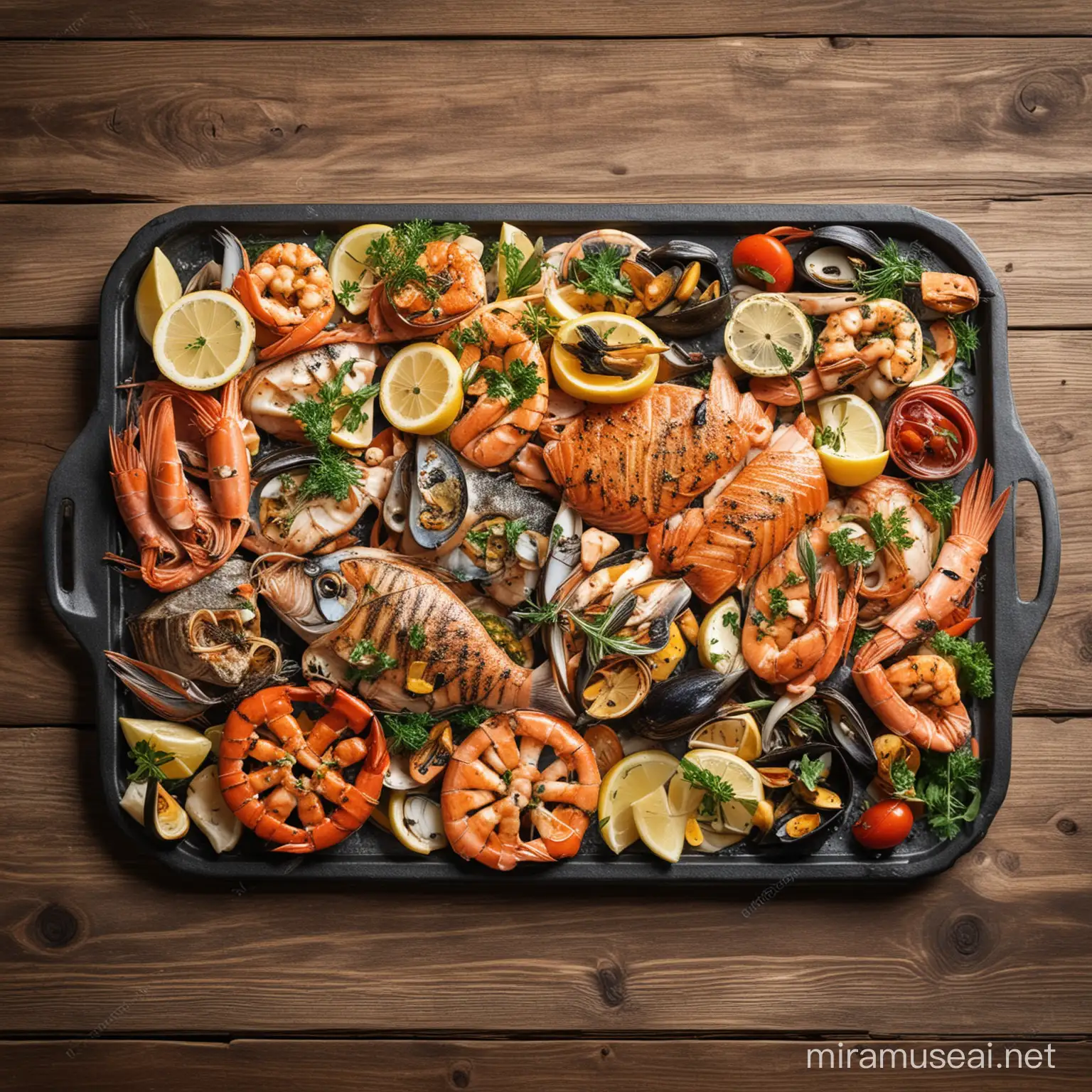 Grill plate with various types of fish and seafood
