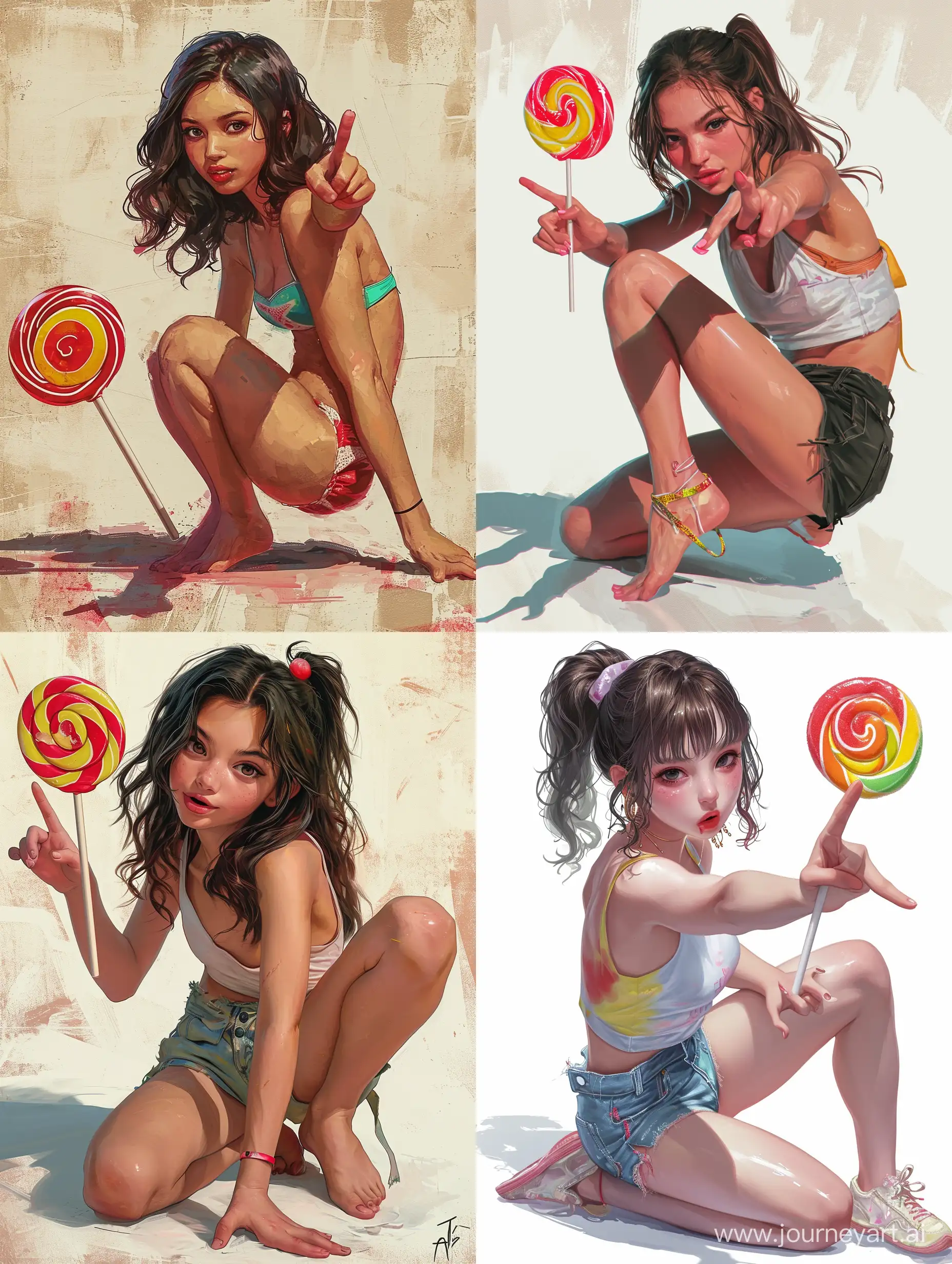 illusration art, digital art, a beautiful girl straddling on the ground, one hand hold a lollipop and point at the viewer, crazy pose, best quality, cute --ar 3:4 --v 6 --q 2