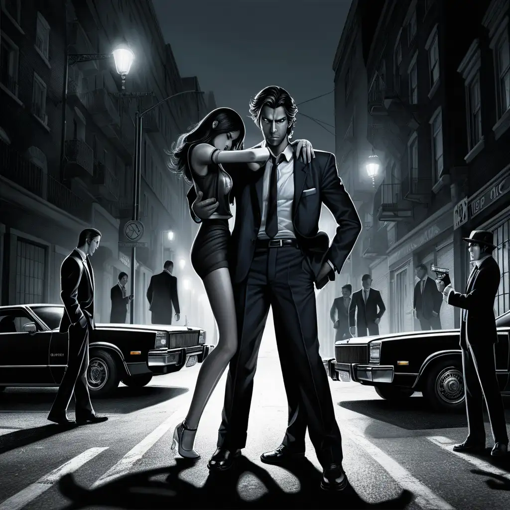 /image: sexy man standing in the middle  of a dark street with a suit. theres only two empty cars next to the side walk, with some broken and some working street lights, hes holding a silver Glock in his right hand and its pointing to the ground. In the back of him there are two men and one woman with no face or body in the middle of the street and the two men are grabbing the woman aggressively by her arm tugging her away