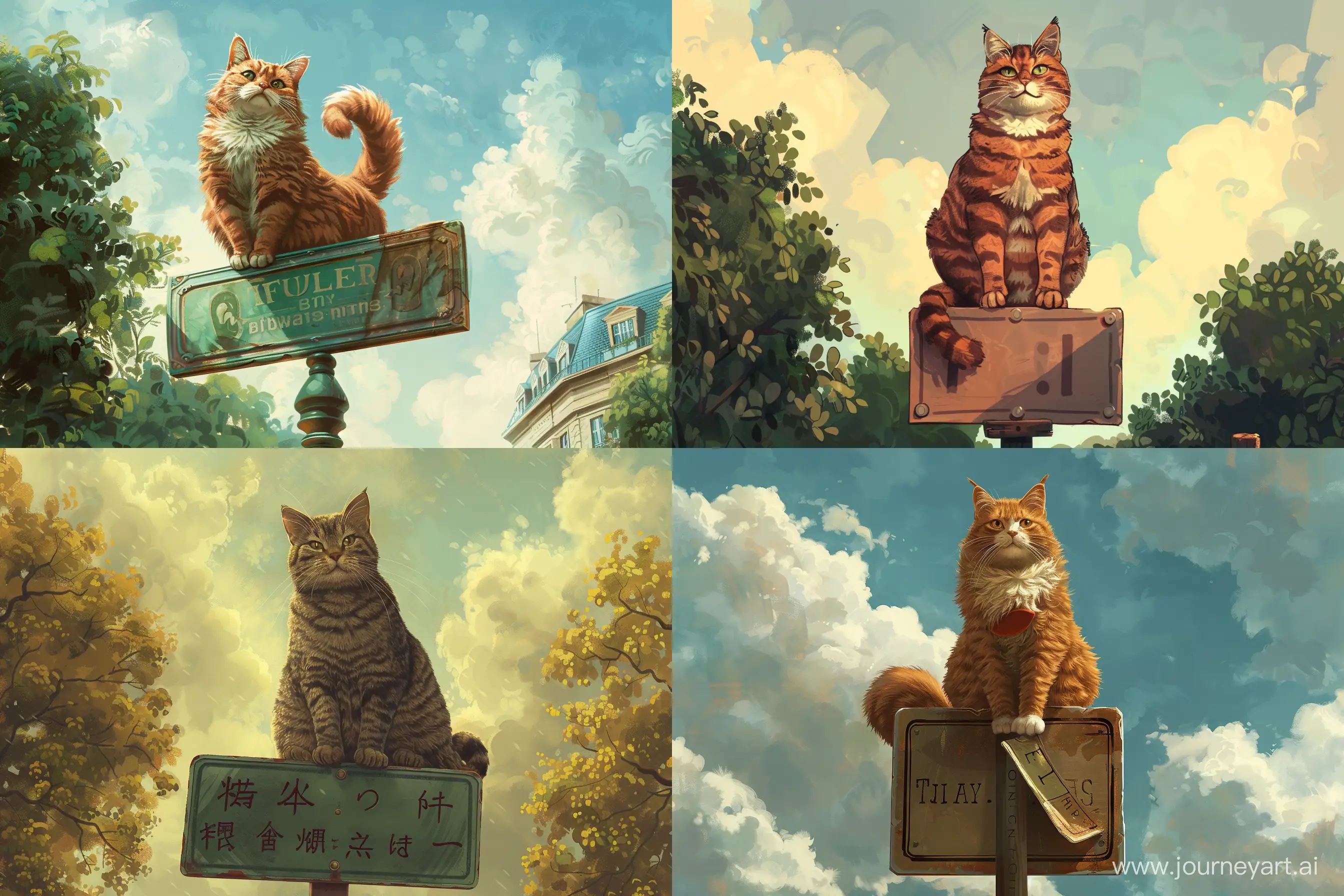 a picture of a cat sitting on top of a sign, a storybook illustration by Fuller Potter, shutterstock contest winner, mail art, storybook illustration, official art, concept art --ar 3:2