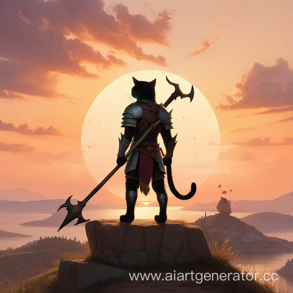 Majestic-Cat-Warrior-Silhouetted-Against-Vibrant-Sunset-with-Halberd