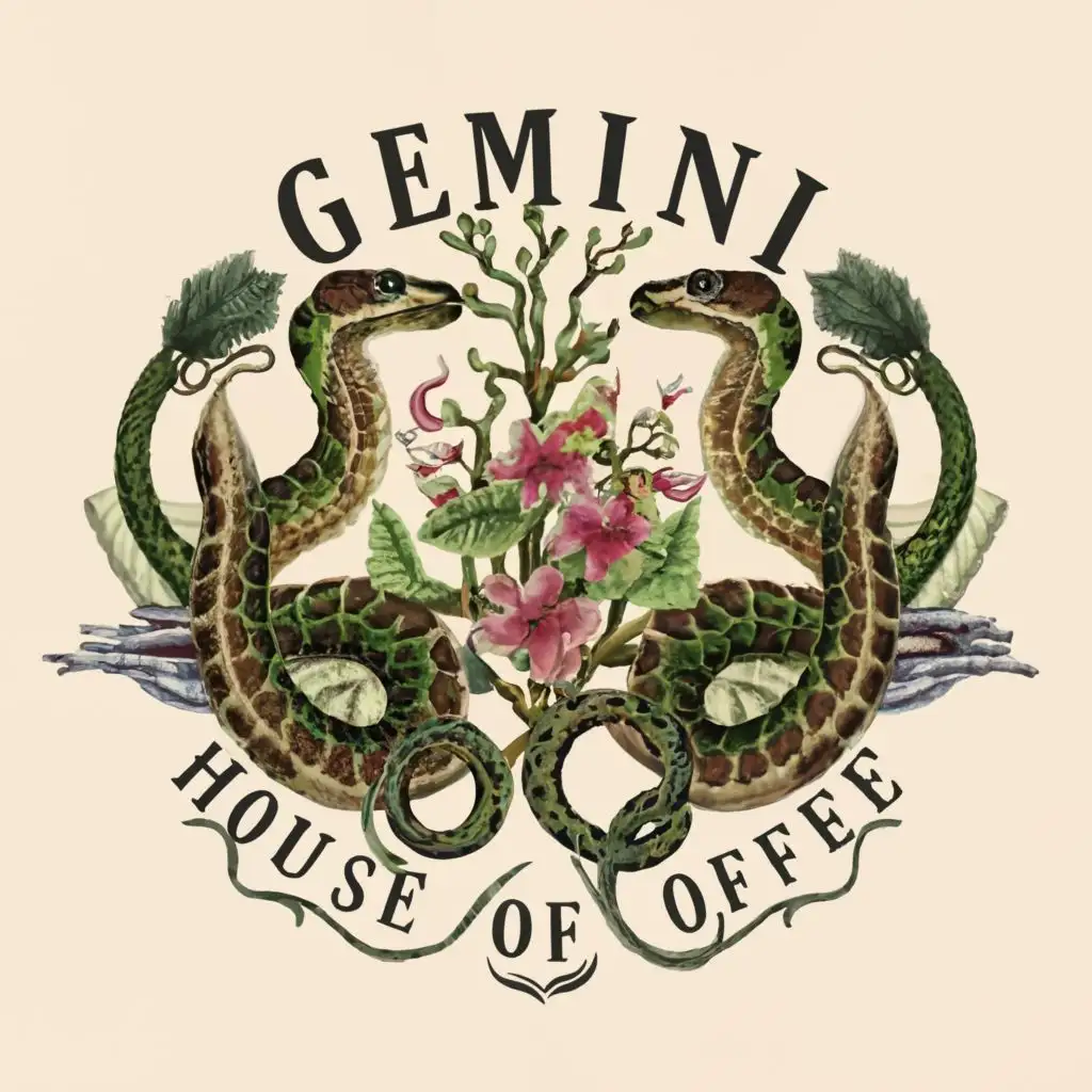 logo, Two Snakes with botanical and black white and green witchy, with the text "Gemini: House of Coffee", typography