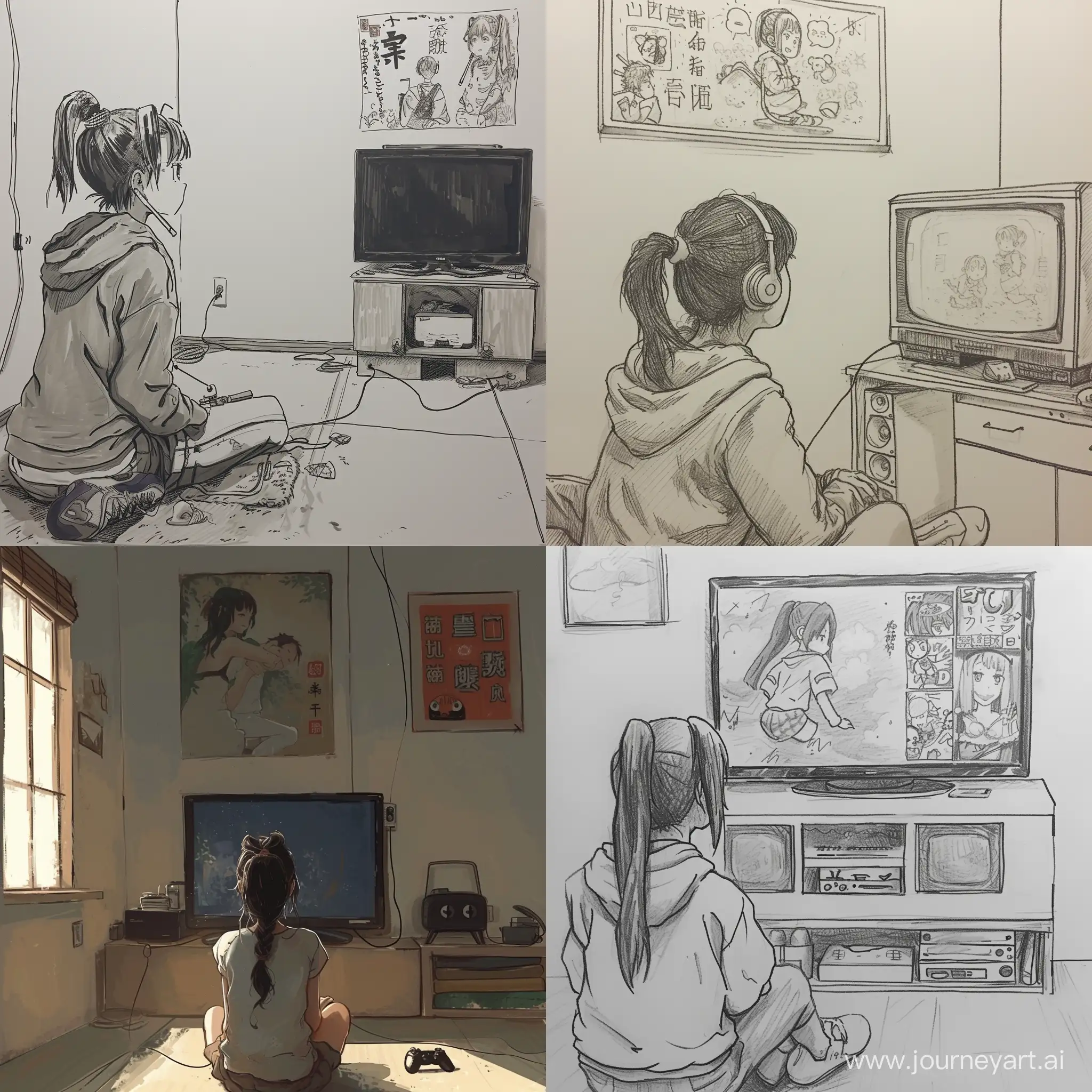 нарисуй девочку  сидит дом и смотрит аниме а на стене у нее Что-то в японском стиле 